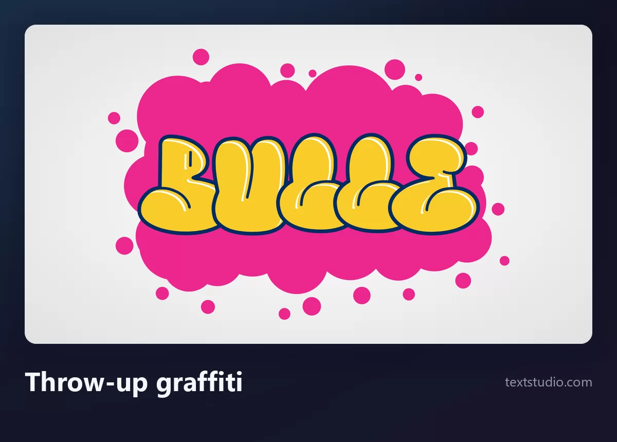 Le mot Bulle en throw-up graffiti, lettres jaunes gonflées à contour sombre qui se chevauchent sur une forme de nuage rose