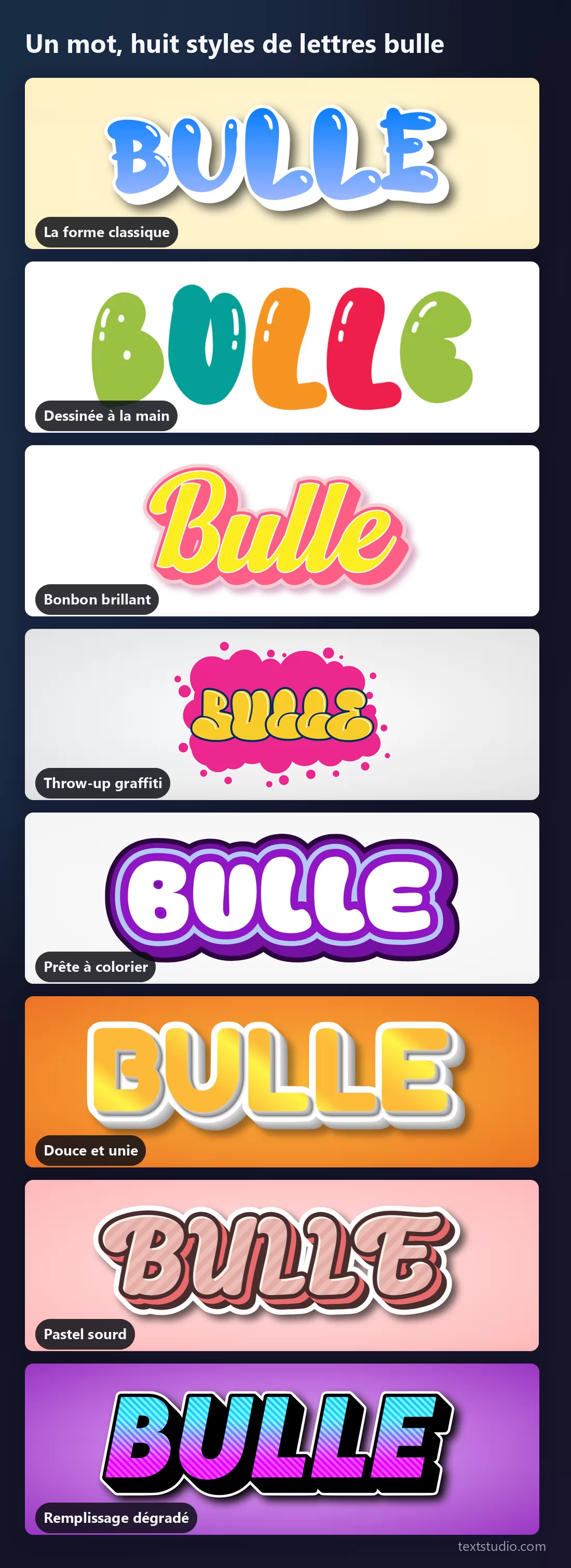 Le même mot dans huit styles de lettres bulle empilés pour comparaison, du classique en dégradé bleu au throw-up graffiti et au remplissage dégradé