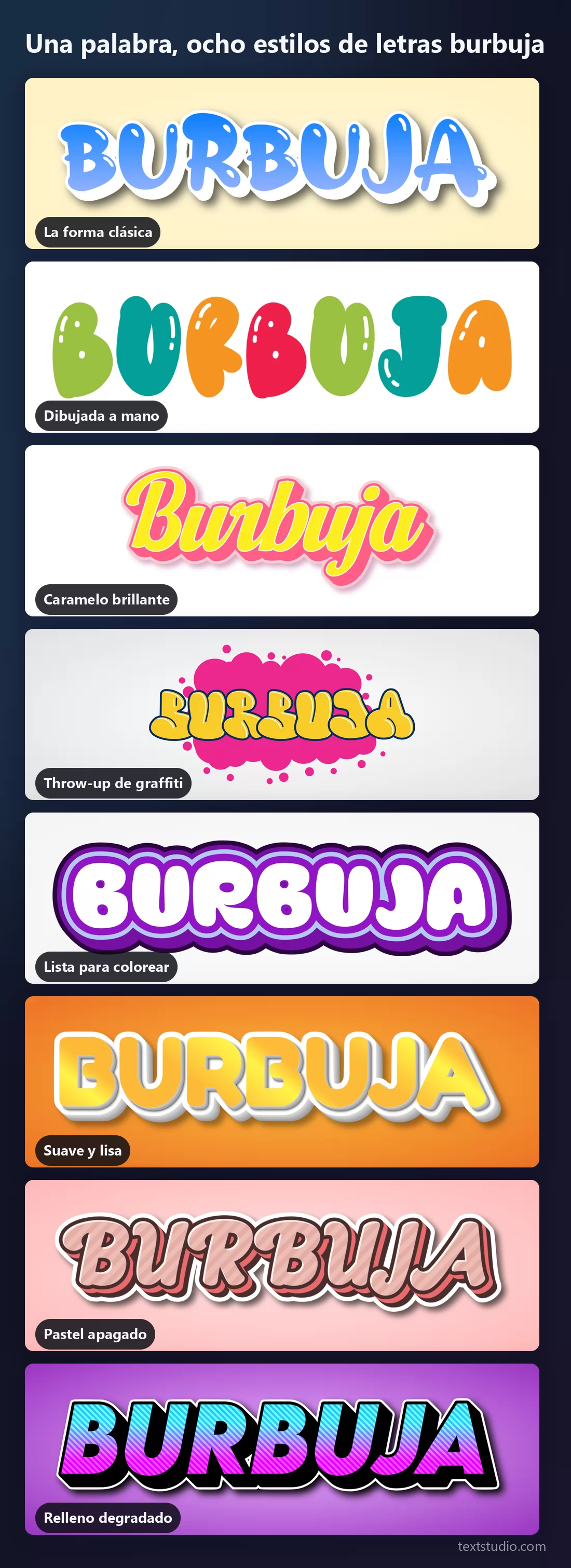 La misma palabra en ocho estilos de letras burbuja apilados para compararlos, desde la clásica de degradado azul hasta el throw-up de graffiti y el relleno degradado