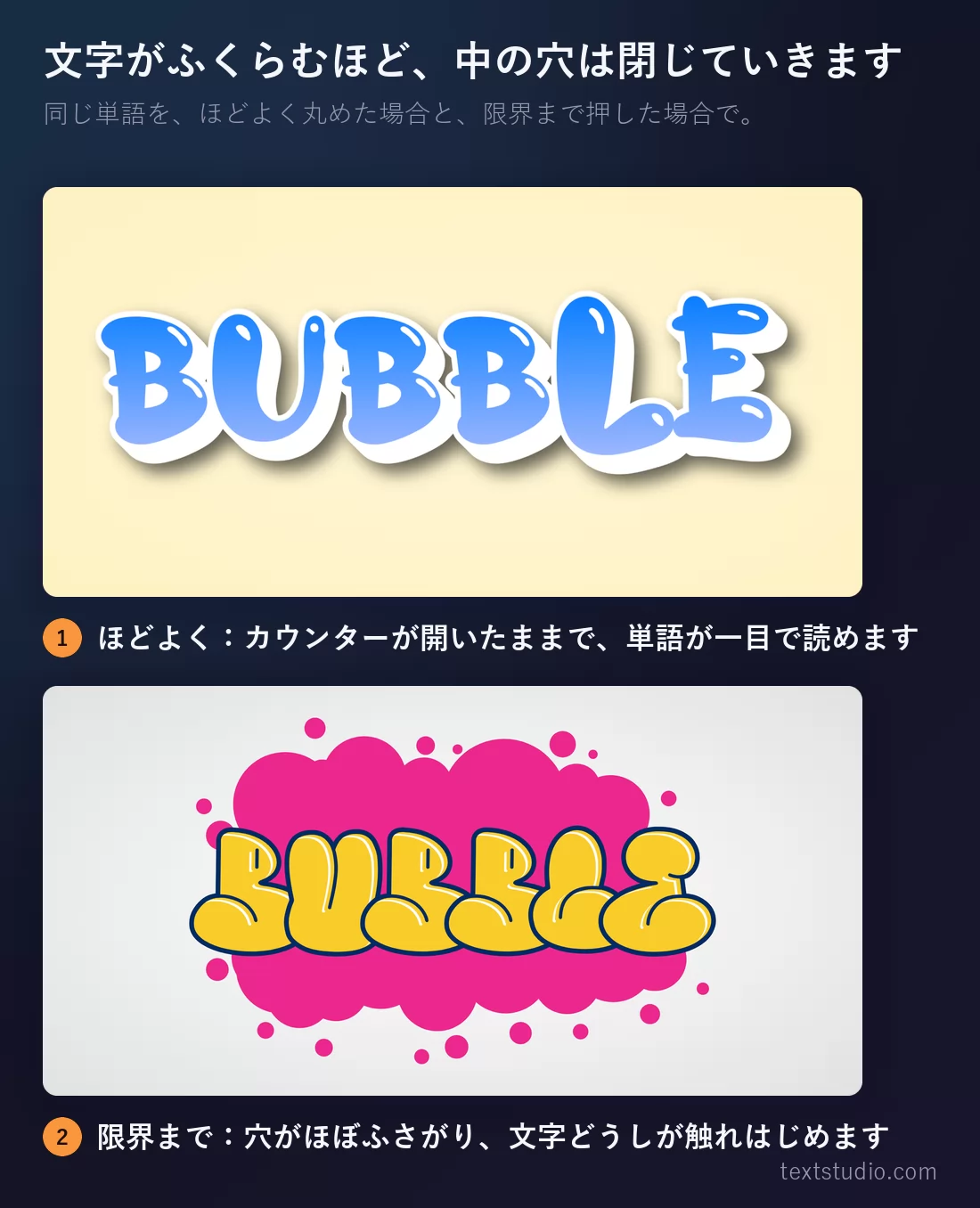 同じ単語をバブルレターで二通りに。ほどよく丸めて文字の内側の穴が開いたままのものと、限界まで押して穴が細い隙間まで縮み、文字どうしが重なったもの