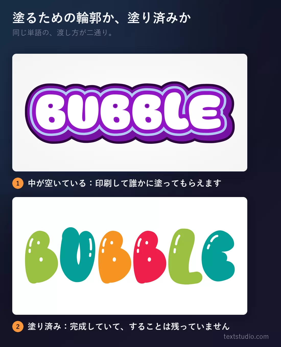 同じ単語のバブルレターを二通りに。内側を空けたまま塗れる状態にした白い文字と、緑、青緑、オレンジ、赤ですでに塗られた文字
