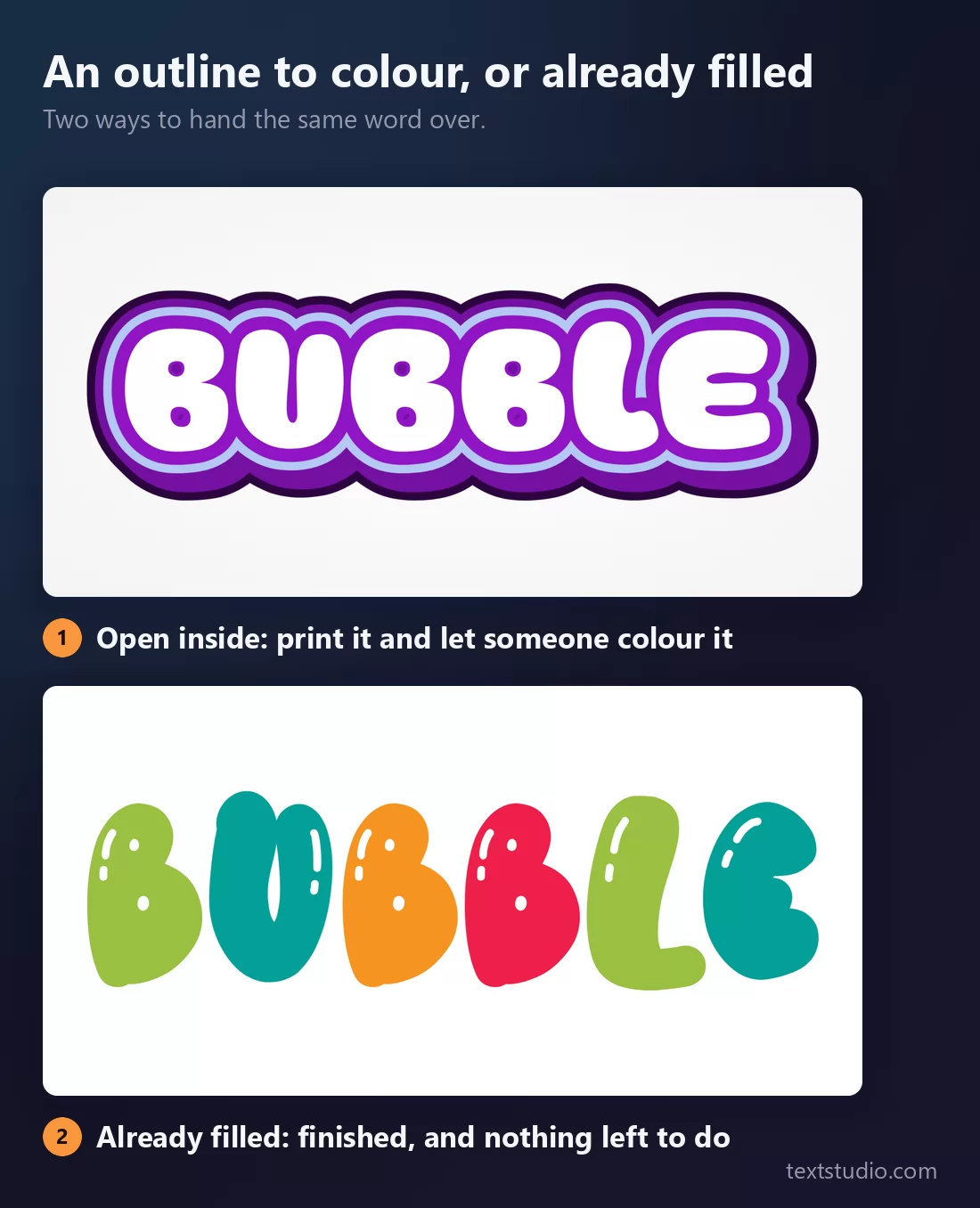 Two bubble letter treatments of the same word: white letters with the interiors left empty ready for colouring, and letters already filled in green, teal, orange and red
