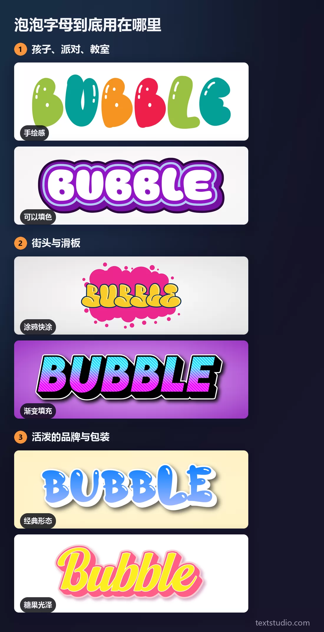 泡泡字母按用途分类：手绘和留白轮廓风格给孩子，涂鸦快涂和渐变给街头与滑板，经典形态和糖果手写体给活泼的品牌