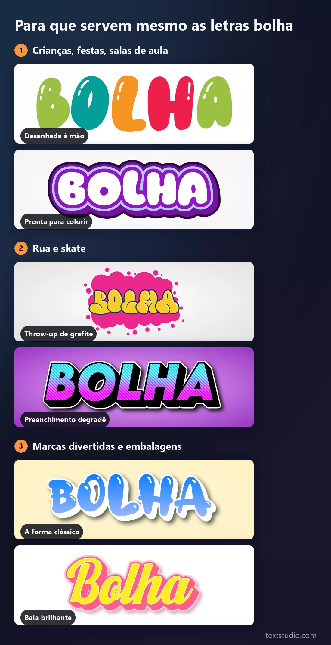 Letras bolha organizadas por uso: os estilos desenhado à mão e de contorno para crianças, o throw-up de grafite e o degradê para rua e skate, a forma clássica e a cursiva de bala para marcas divertidas