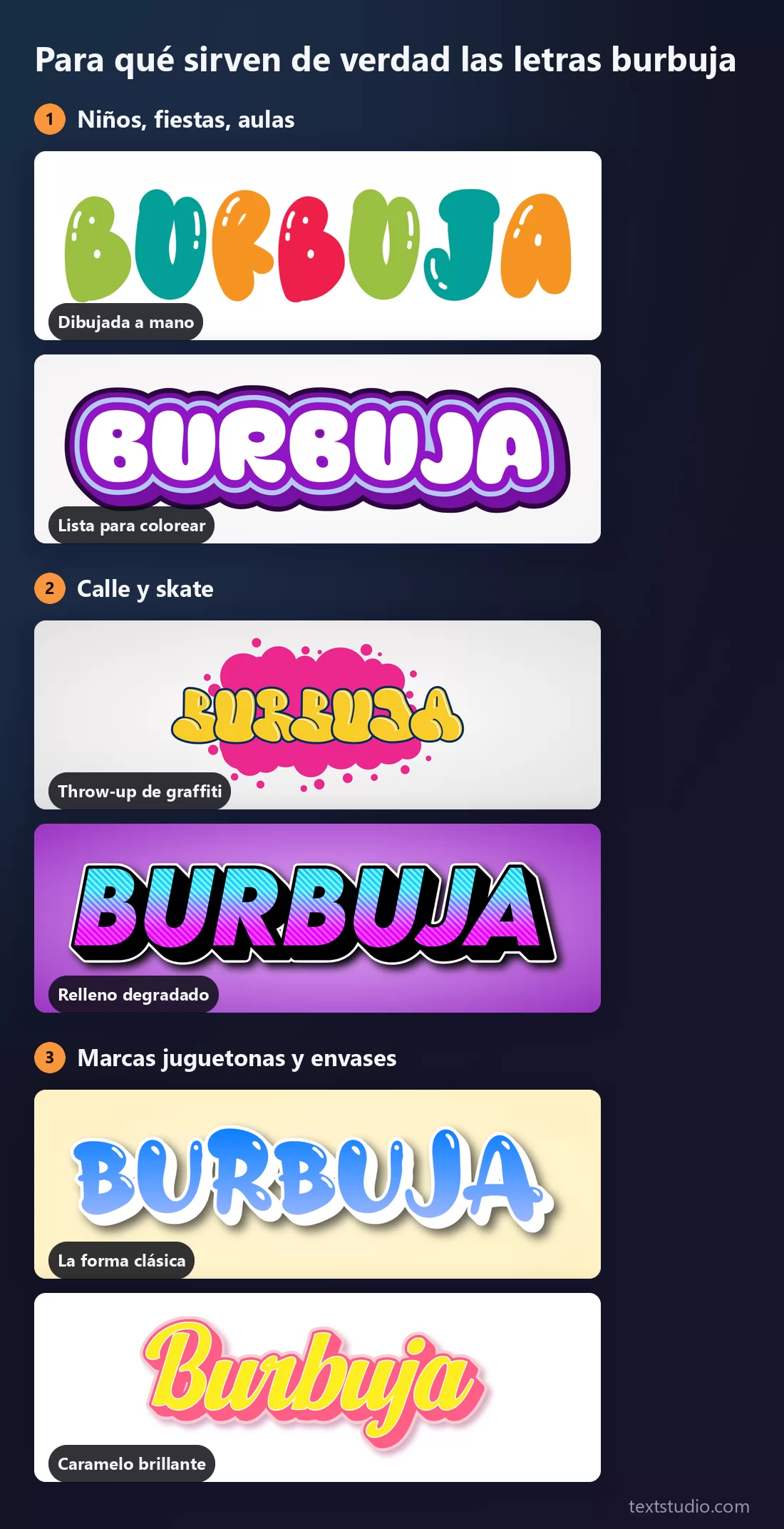 Letras burbuja ordenadas por uso: los estilos dibujados a mano y de contorno para los niños, el throw-up de graffiti y el degradado para la calle y el skate, la clásica y la cursiva de caramelo para marcas juguetonas