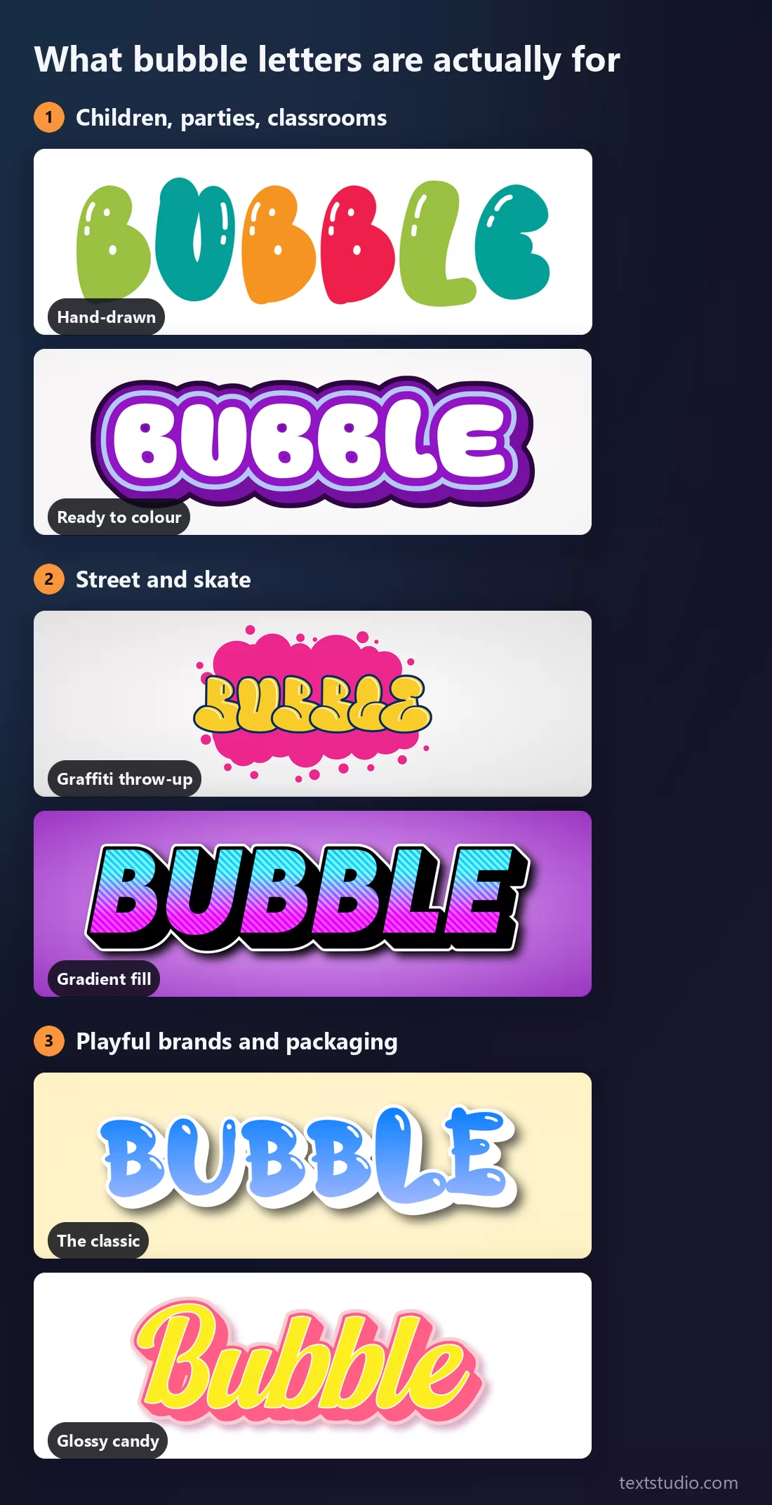 Bubble letters sorted by use: hand-drawn and outline styles for children, graffiti throw-up and gradient for street and skate, the classic and the candy script for playful brands