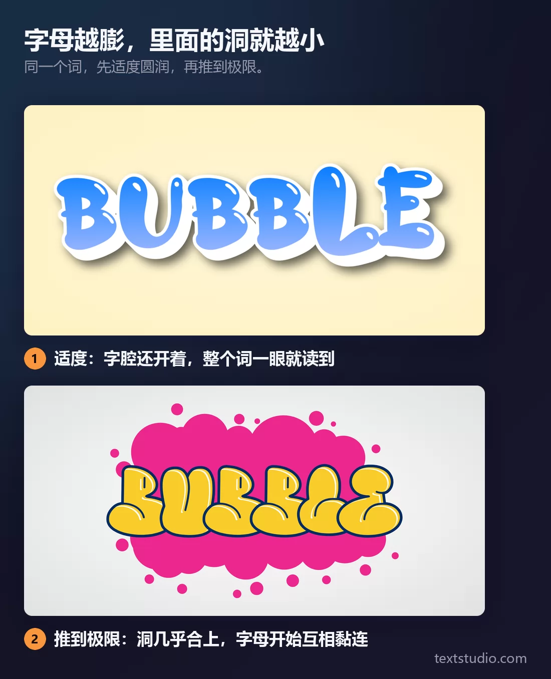 同一个词的两版泡泡字母：适度圆润，字母里的洞还开着；推到极限后，洞缩成细缝，字母彼此重叠
