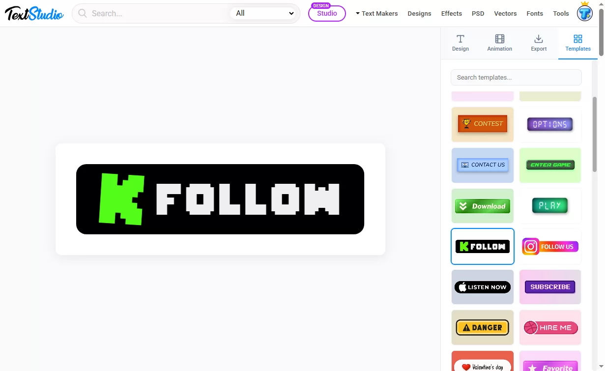 The Button Generator template gallery with ready-made social and gaming buttons
