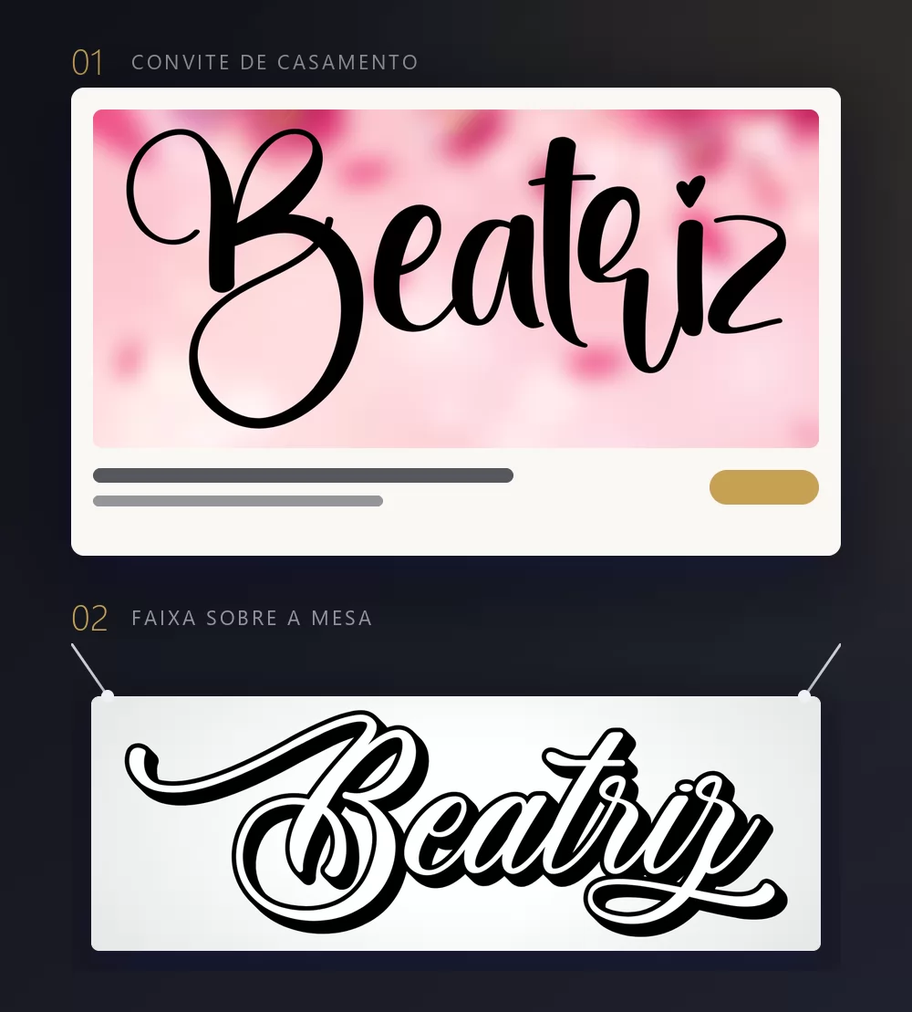 Um convite de casamento e uma faixa pendurada, ambos com o mesmo nome renderizado, Beatriz