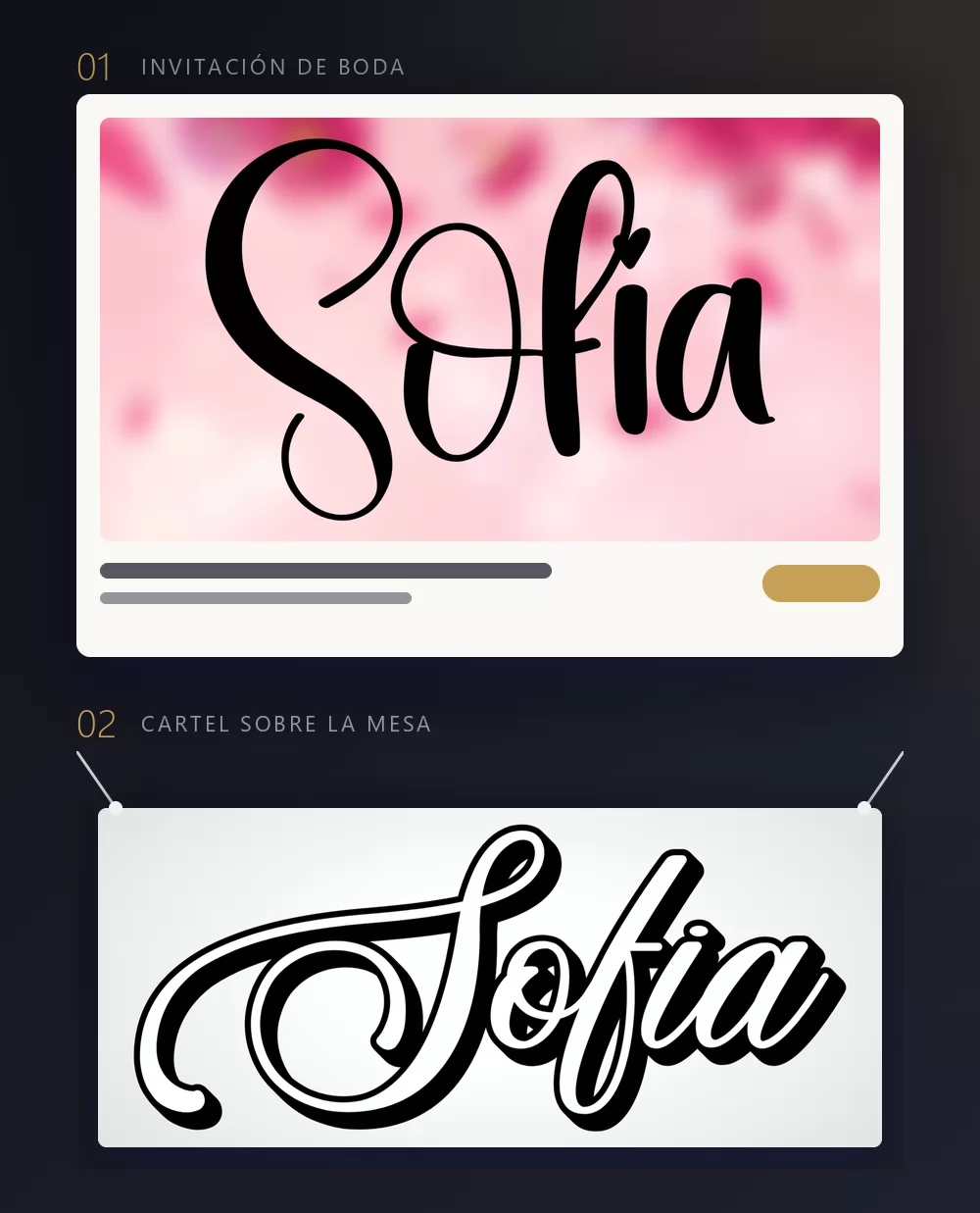 Una invitación de boda y un cartel colgado, los dos con el mismo nombre generado