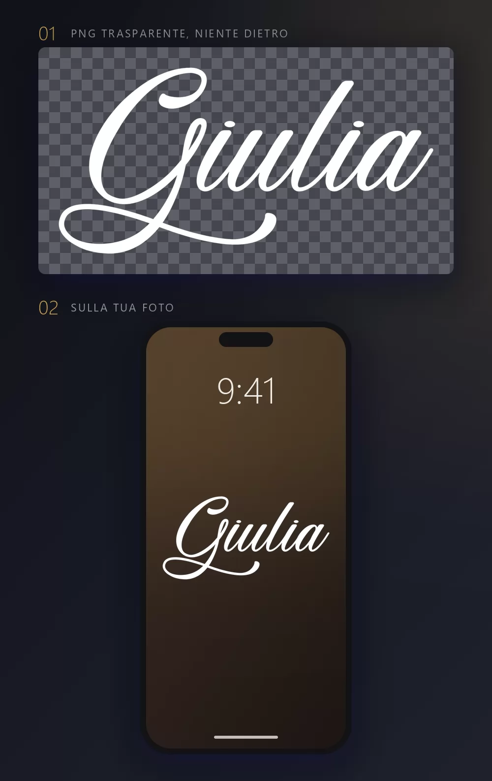 Il nome renderizzato, Giulia, su una scacchiera, poi le stesse lettere usate come sfondo di un telefono
