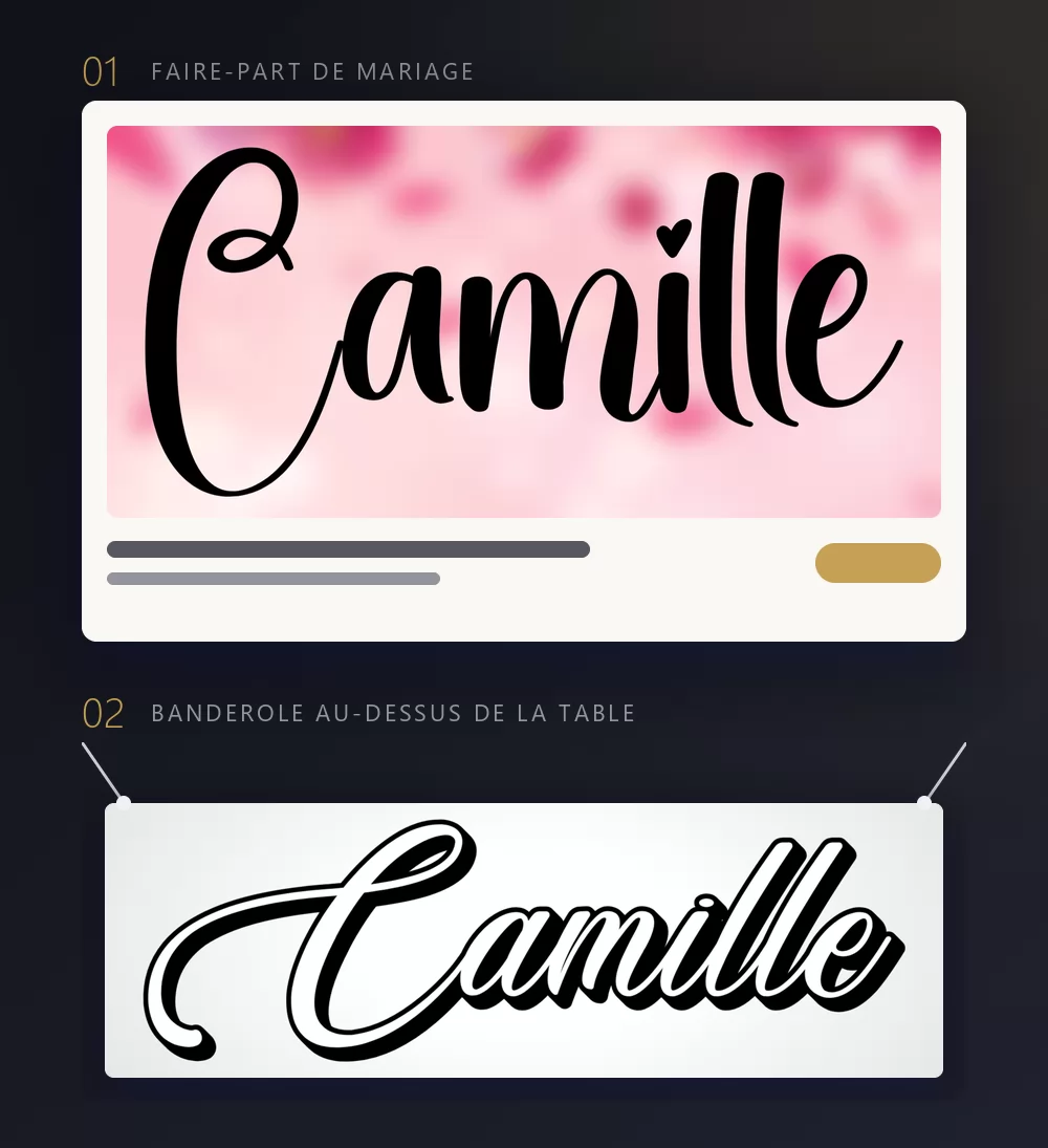 Un faire-part de mariage et une banderole suspendue, portant tous deux le prénom Camille rendu en image