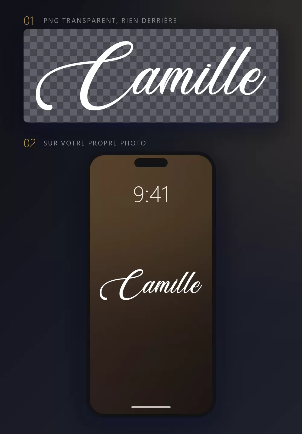 Le prénom Camille rendu en image sur un damier, puis les mêmes lettres posées en fond d'écran de téléphone
