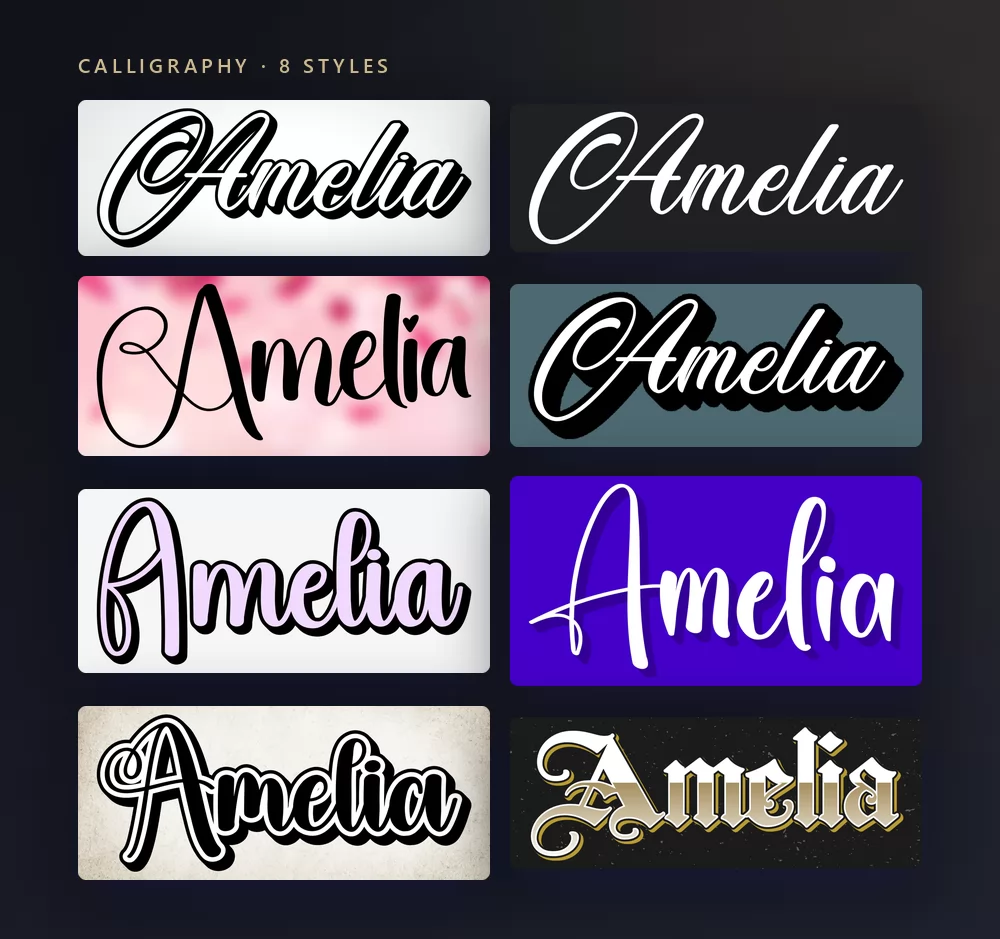 Eight calligraphy styles rendering the same name, from a fine wedding script to a gold blackletter