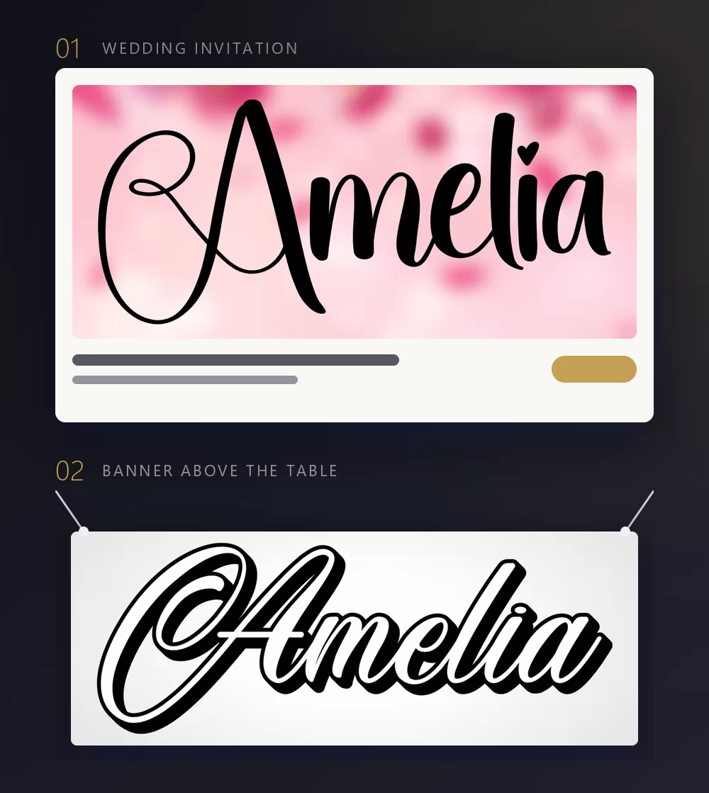 A wedding invitation and a hanging banner, both carrying the same rendered name