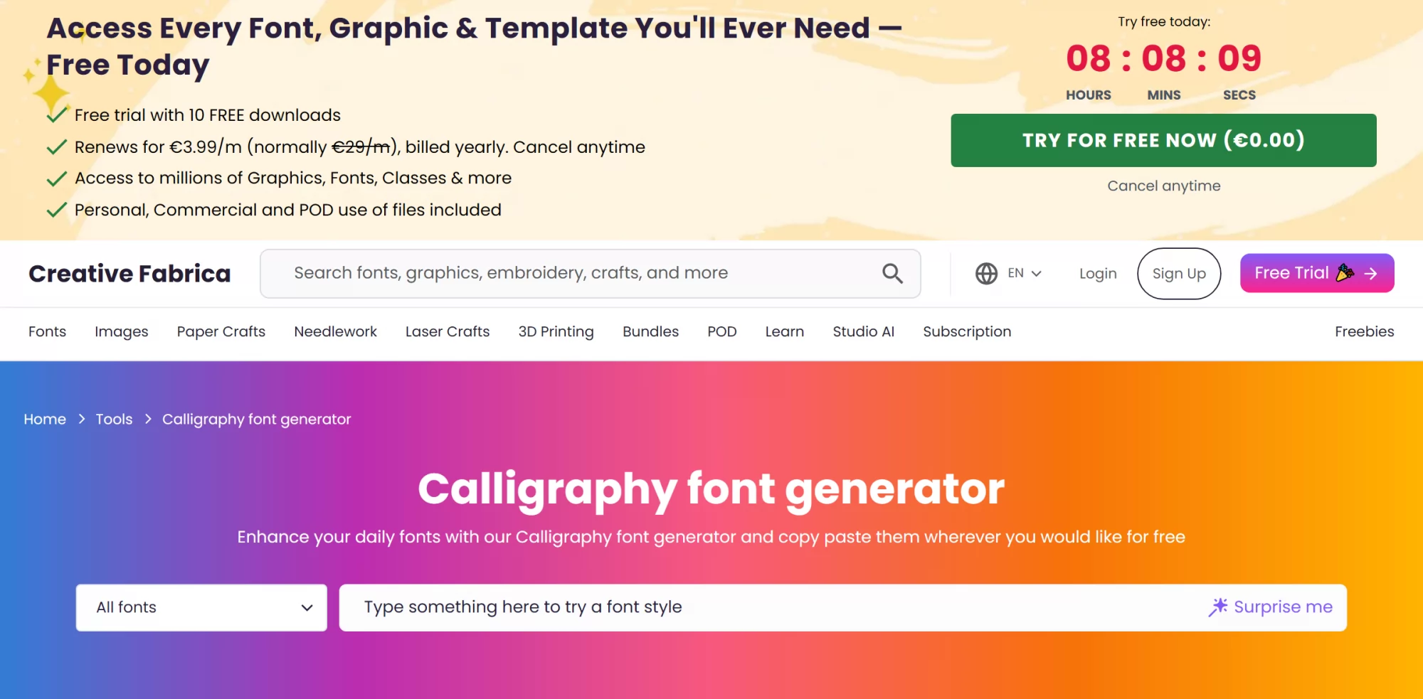 The Creative Fabrica calligraphy font generator with its style list and subscription banner
