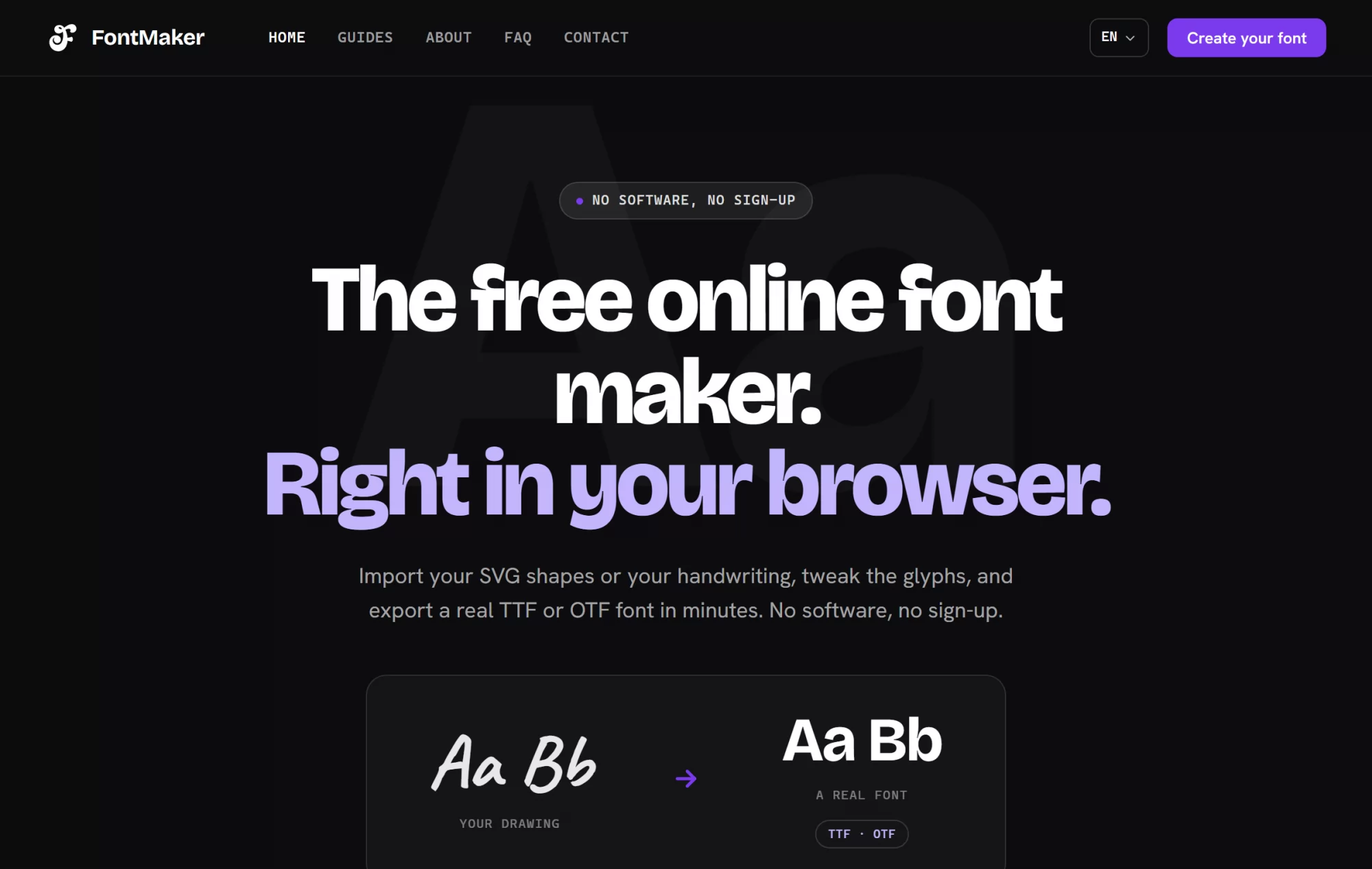 The FontMaker home page, showing a handwritten sample becoming a TTF file