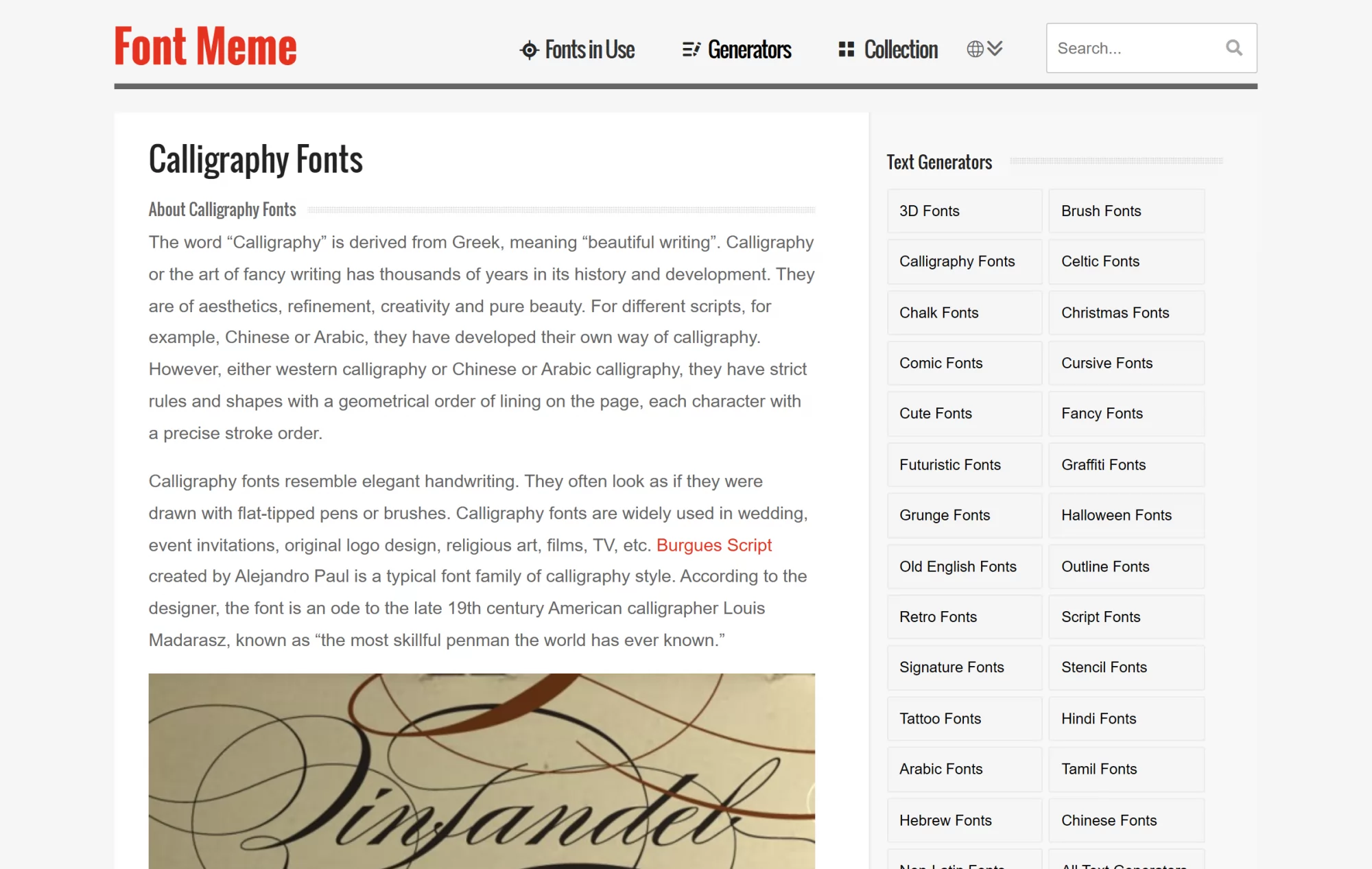 The FontMeme calligraphy fonts page with its font list and text generator