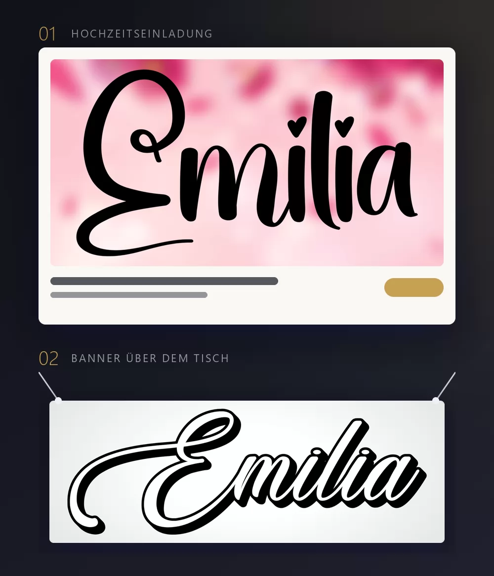Eine Hochzeitseinladung und ein hängendes Banner, beide mit demselben gerenderten Namen Emilia