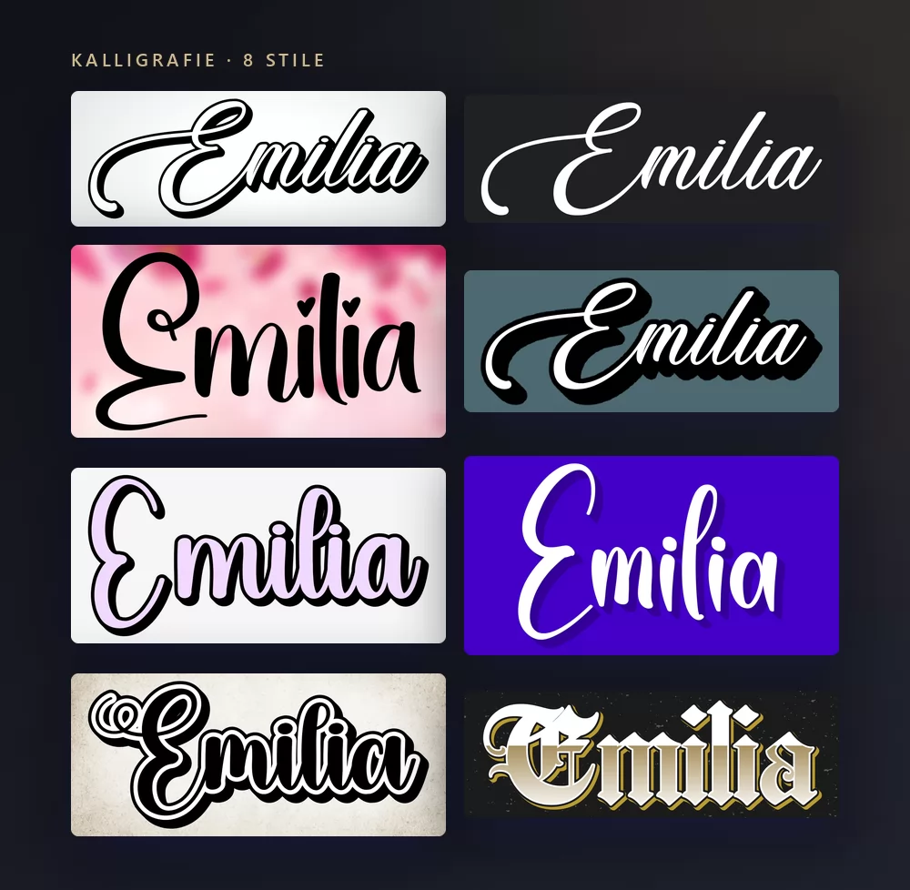 Acht Kalligrafie-Stile, die den Namen Emilia rendern, vom feinen Hochzeitsscript bis zur goldenen gebrochenen Schrift