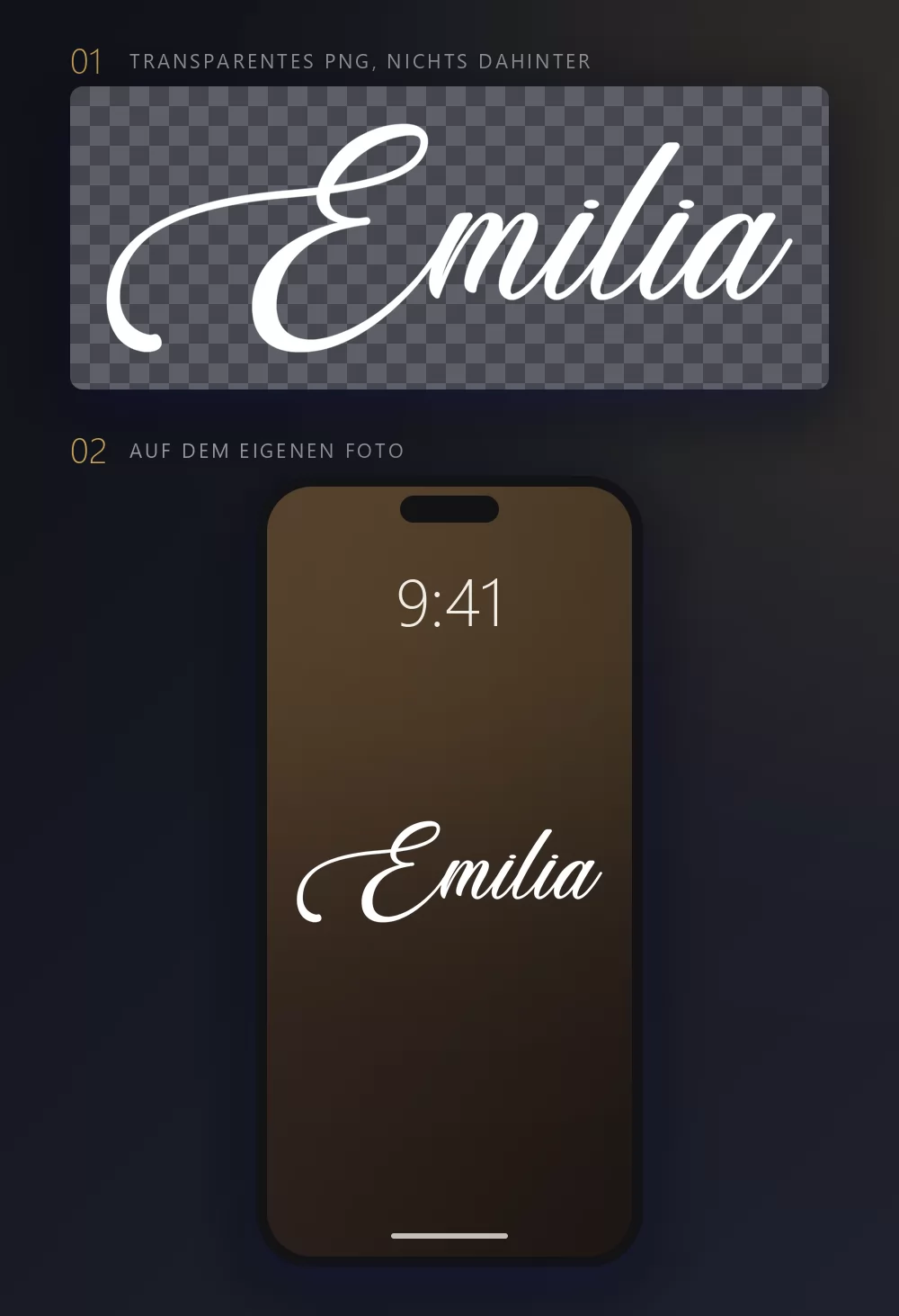 Der gerenderte Name Emilia auf einem Schachbrettmuster, dann dieselben Buchstaben als Handy-Hintergrundbild