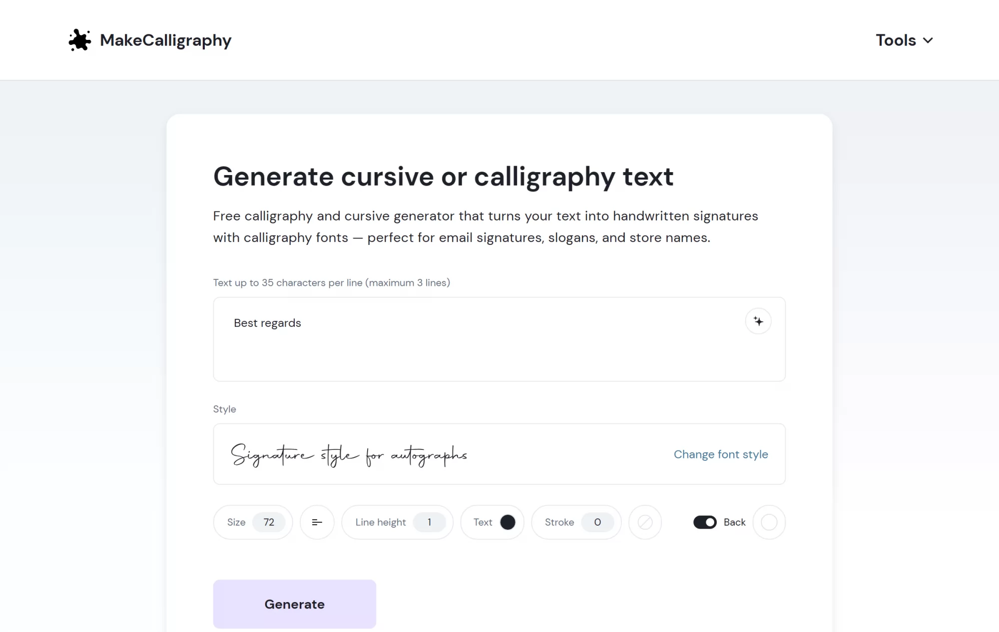 The MakeCalligraphy generator with its text box, style picker and size, colour and stroke controls