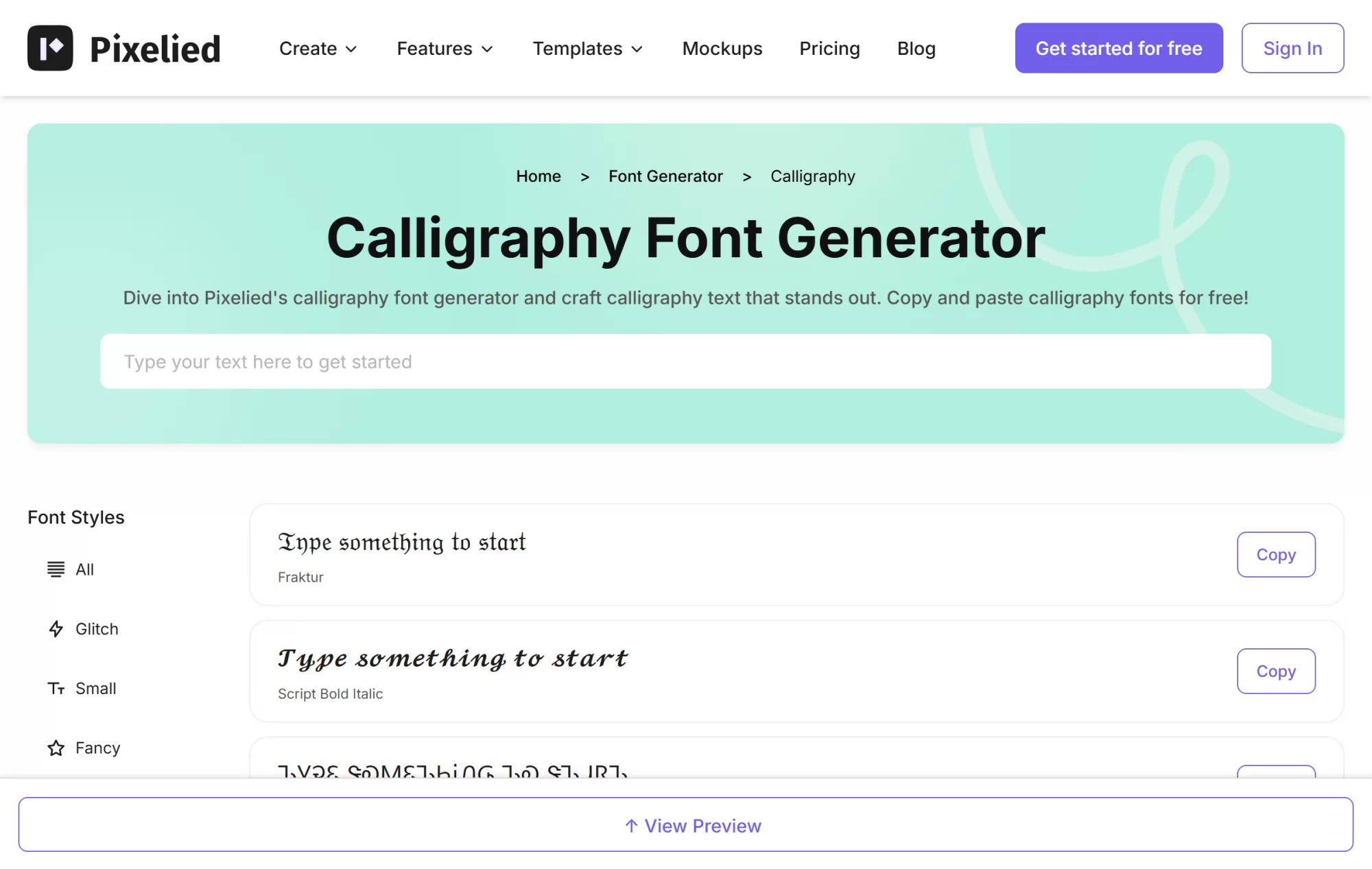 The Pixelied calligraphy font generator showing Fraktur and script styles with copy buttons