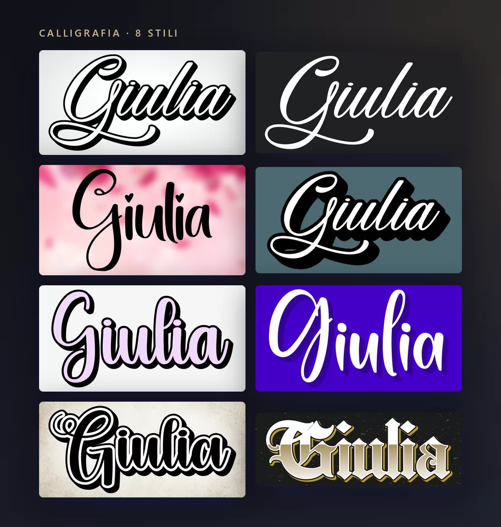 Otto stili di calligrafia che renderizzano lo stesso nome, Giulia, da un sottile script da matrimonio a un gotico oro