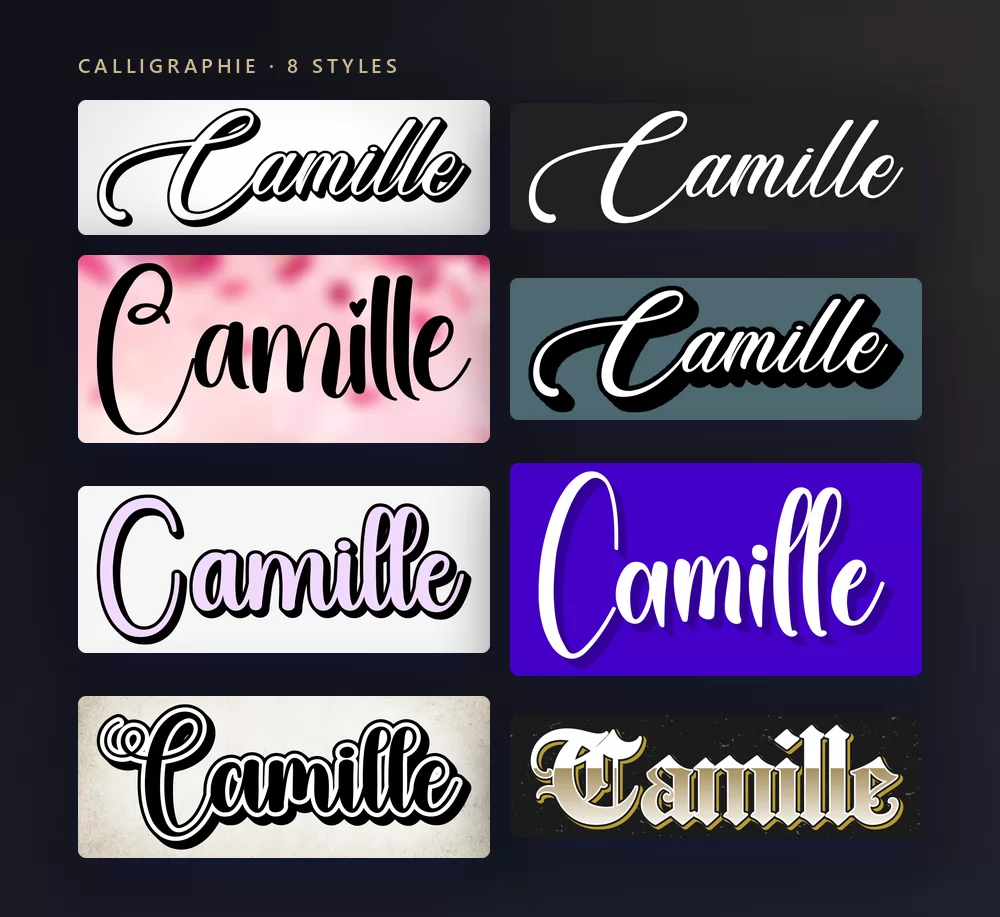 Huit styles de calligraphie rendant le prénom Camille, d'un fin script de mariage à une gothique dorée
