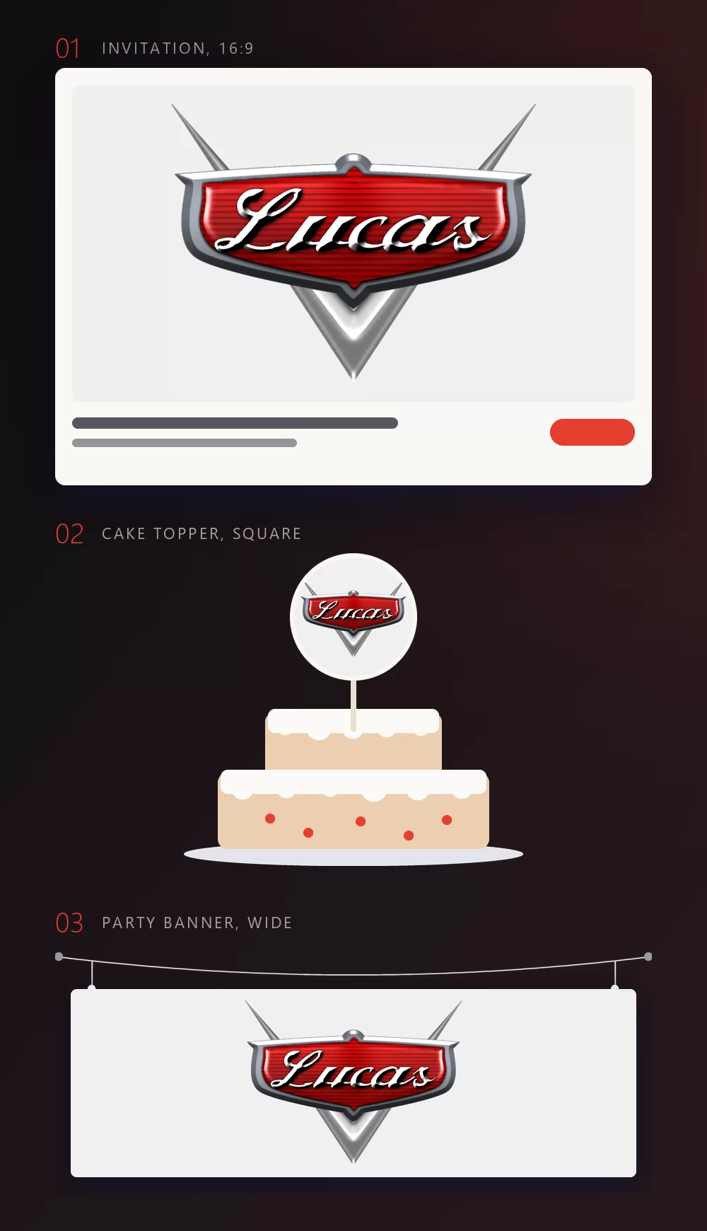 The same name in three mock-ups: a printed invitation card, a round cake topper on a two-tier cake, and a wide party banner hanging from a cord