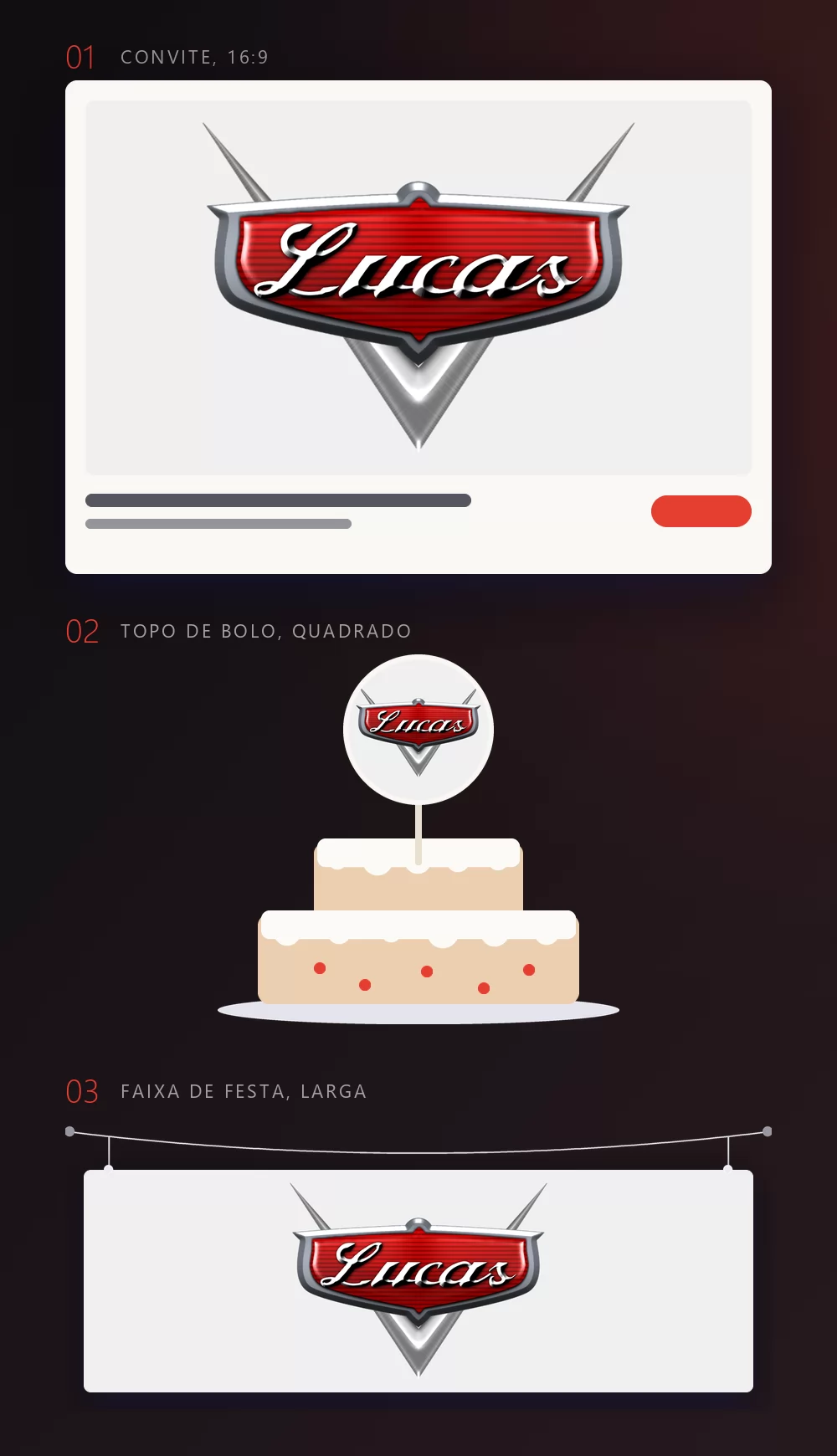 O mesmo nome em três montagens: um convite impresso, um topo de bolo redondo espetado num bolo de dois andares e uma faixa larga de festa pendurada numa corda