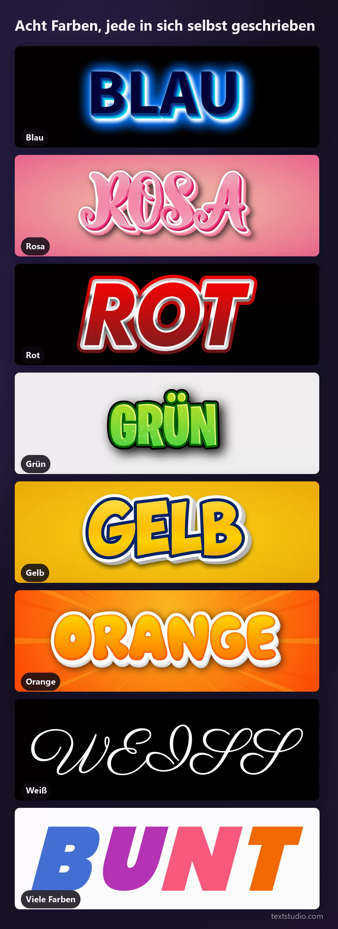 Acht farbige Texteffekte untereinander, jedes Wort in seiner eigenen Farbe: BLAU auf Schwarz, ROSA im Skript, ROT mit silberner Kante, GRÜN im Videospielstil, GELB mit weißem Schnitt, ORANGE, WEISS auf Schwarz und BUNT mit bunten Buchstaben