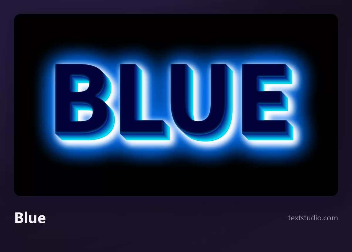 The word BLUE in bright blue capitals with a soft glowing halo, on a black background