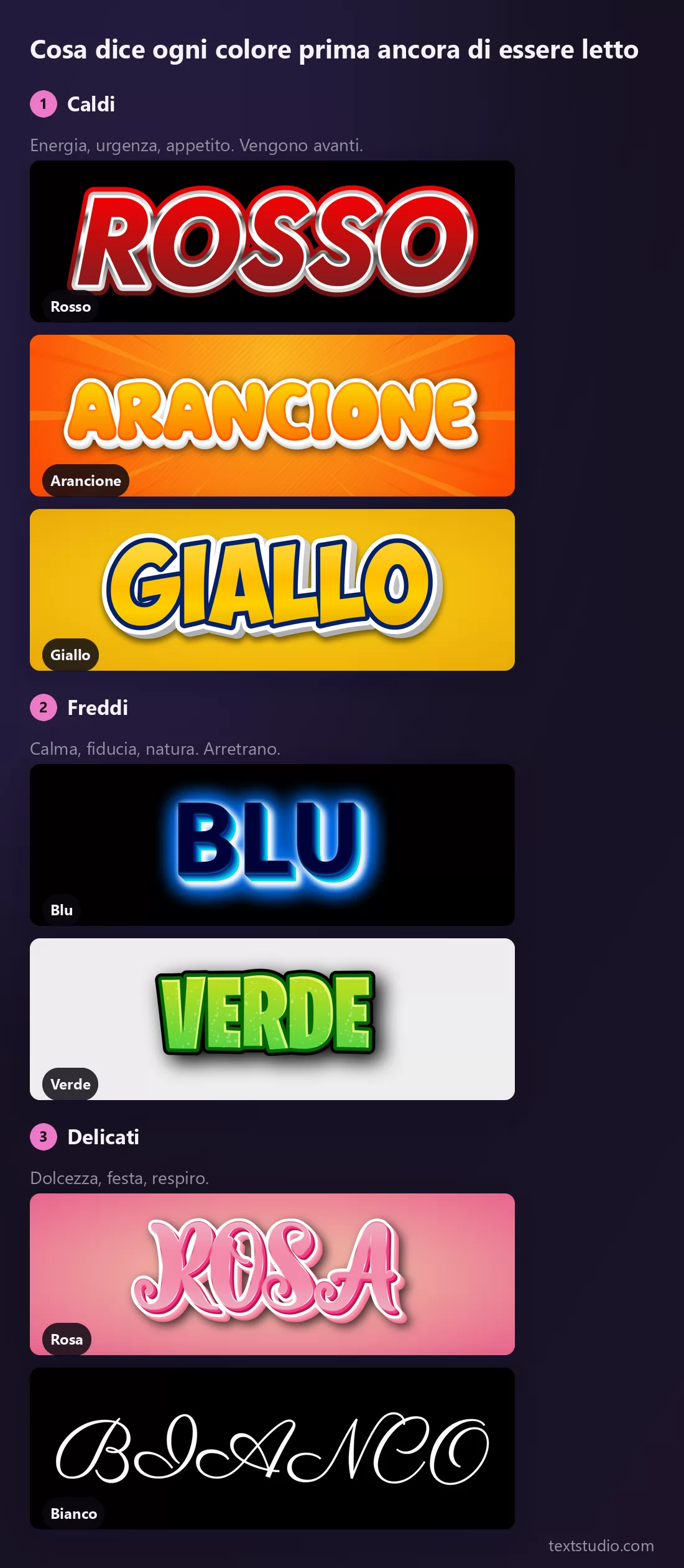 Gli otto colori divisi in tre gruppi: i caldi rosso, arancione e giallo che vengono avanti; i freddi blu e verde che arretrano; e i delicati rosa e bianco