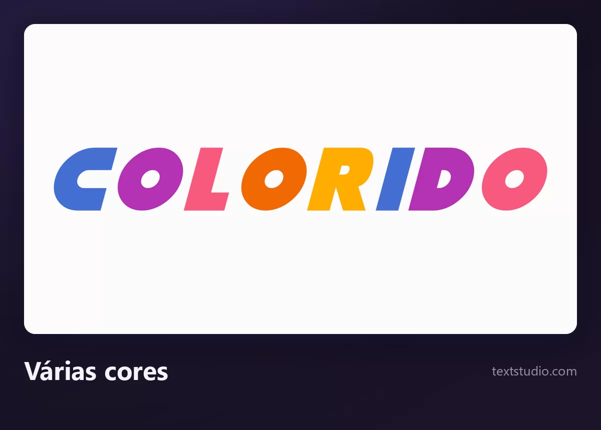 A palavra COLORIDO com uma cor diferente em cada letra, azul, roxo, rosa, vermelho, laranja, amarelo e verde, sobre um fundo branco