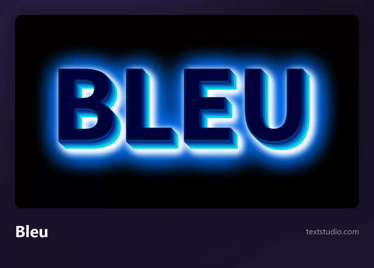 Le mot BLEU écrit en capitales bleu vif, entourées d'un halo lumineux et doux qui les décolle d'un fond noir profond