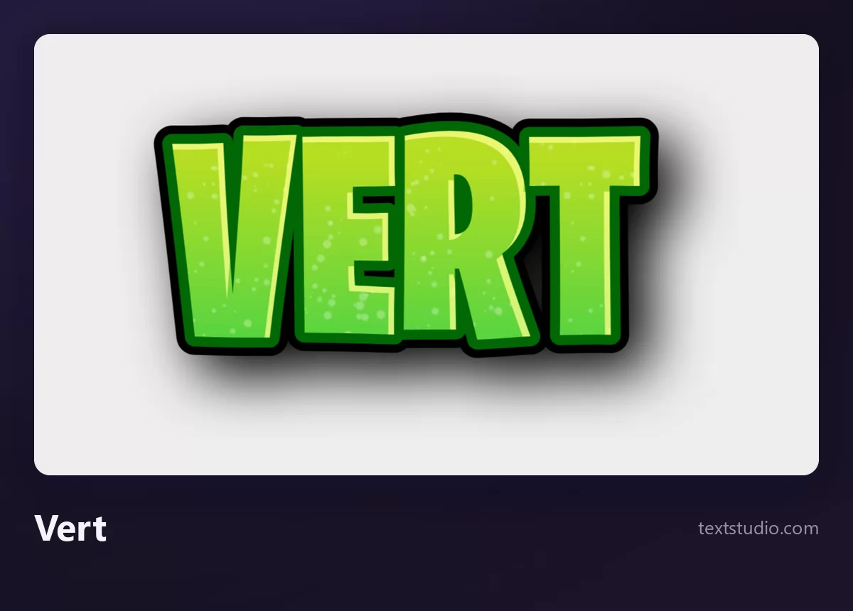 Le mot VERT en capitales vert vif légèrement texturées, avec un contour plus sombre, dans un style jeu vidéo, sur un fond gris clair