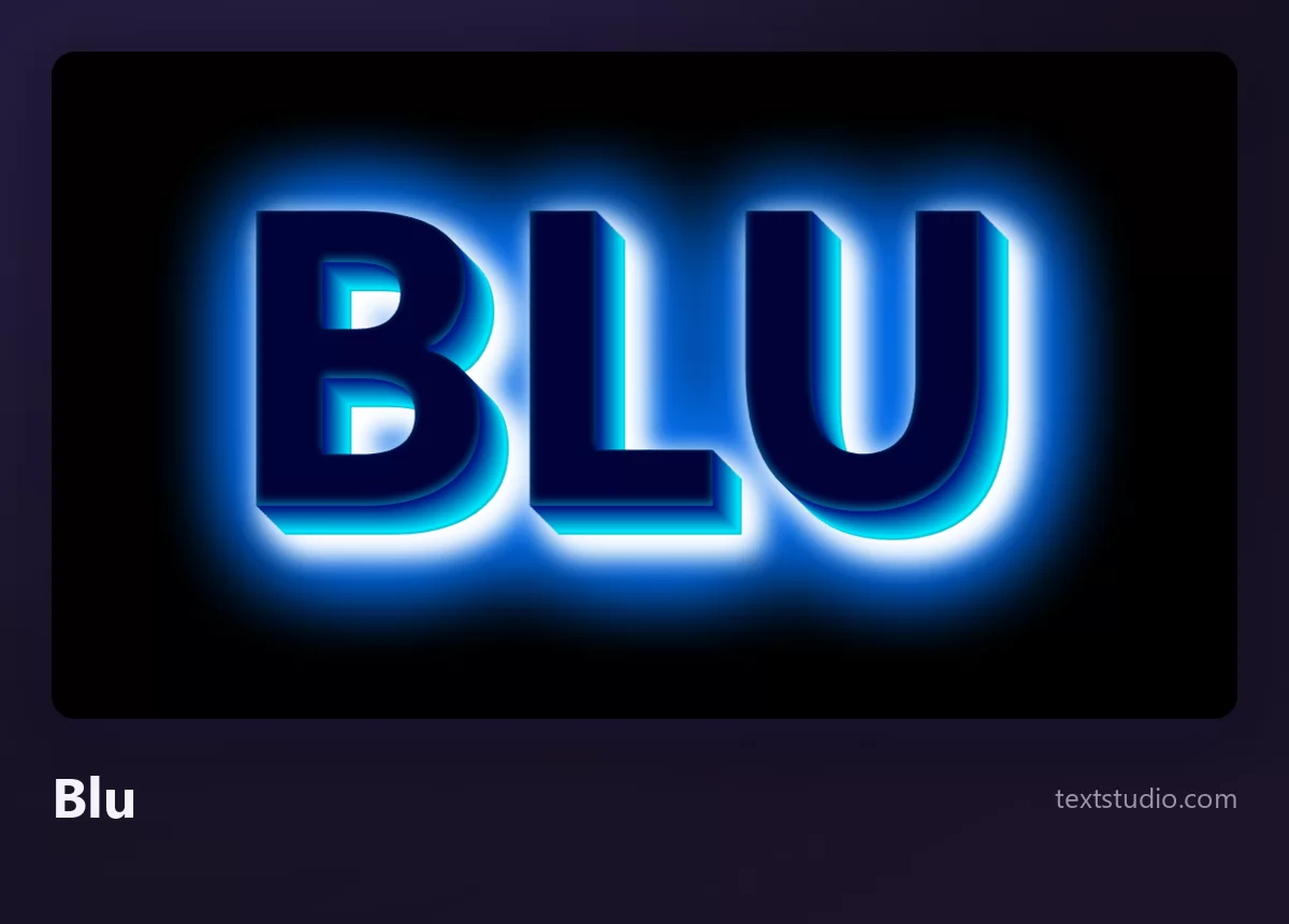 La parola BLU scritta in maiuscole blu brillanti, circondate da un morbido alone luminoso, su uno sfondo nero
