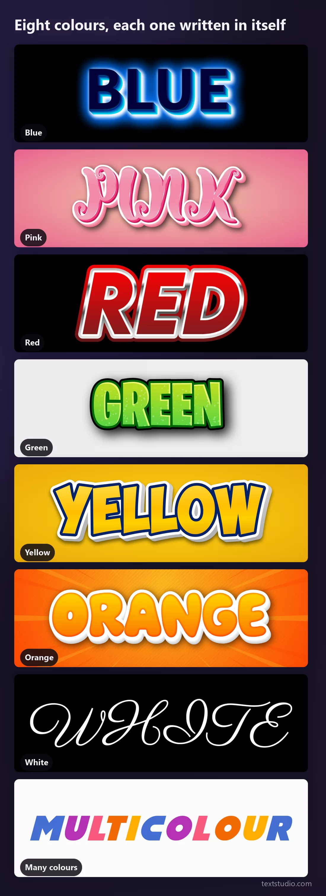 Eight colour text effects stacked, each word written in the colour it names: blue glowing on black, pink script, red with a silver edge, green video game style, yellow with a white cut, orange on a radiating background, white script on black, and multicoloured letters
