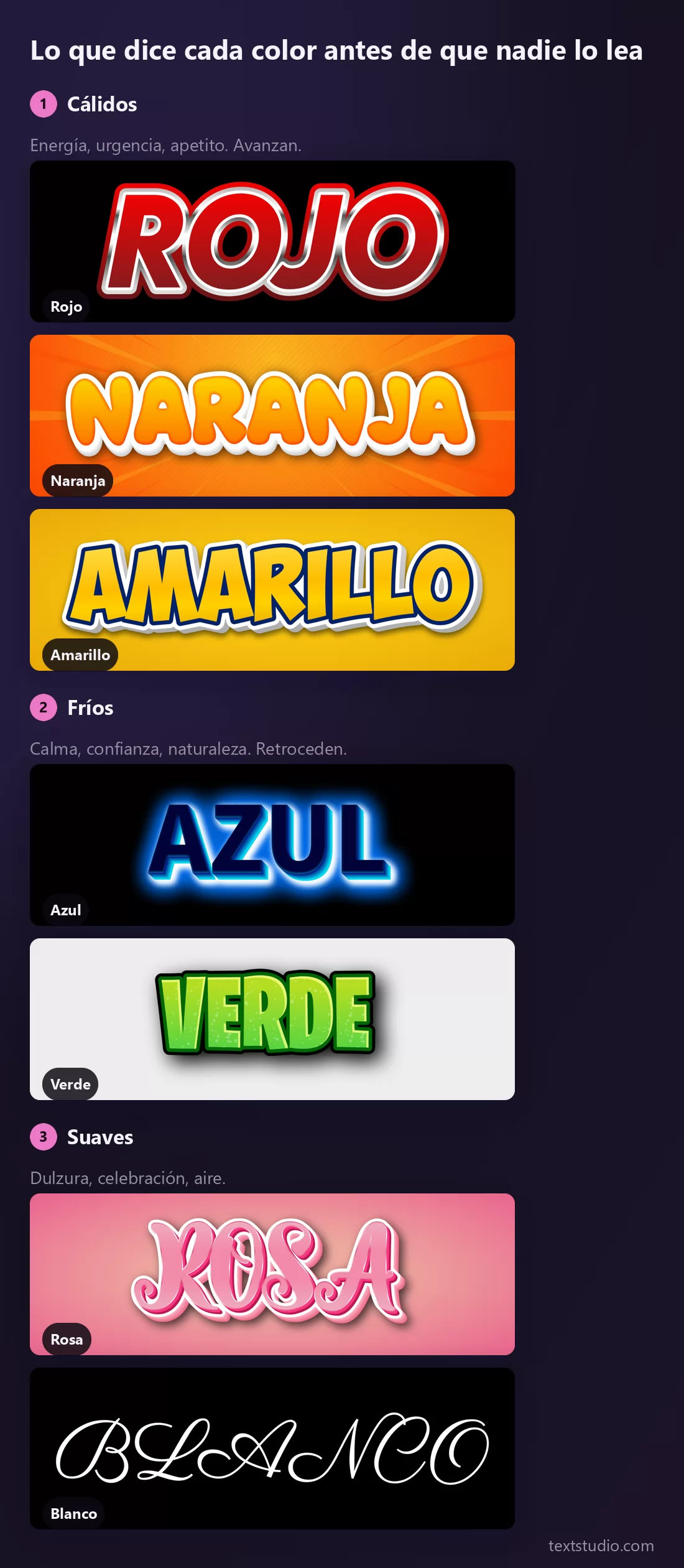 Los ocho colores ordenados en tres grupos: cálidos, rojo, naranja y amarillo, que avanzan; fríos, azul y verde, que retroceden; y suaves, rosa y blanco