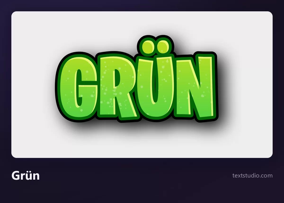 Das Wort GRÜN in leuchtend grünen Versalien mit dunklerer Kontur und feiner Textur, im Videospielstil, auf hellgrauem Hintergrund