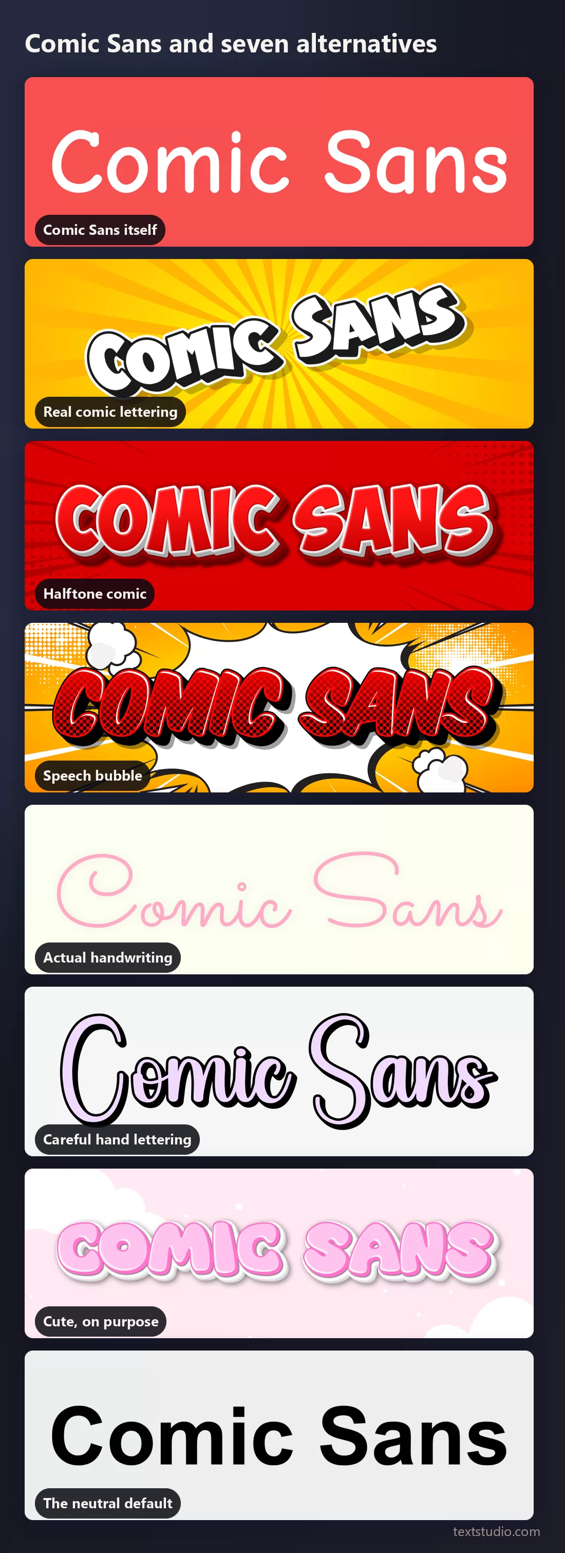 The same words in eight lettering styles stacked for comparison: Comic Sans, comic capitals, halftone, speech bubble, handwriting, drawn script, cute cartoon and a neutral sans