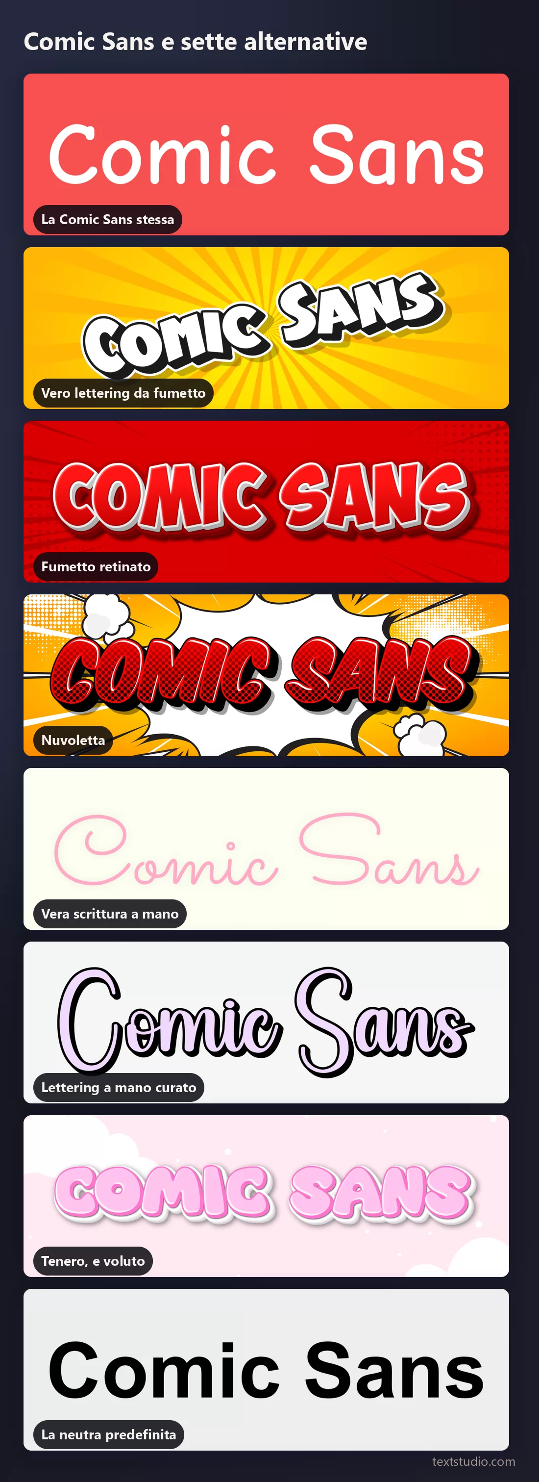 Le stesse parole in otto stili di lettering impilati per il confronto: Comic Sans, maiuscole da fumetto, retino, nuvoletta, scrittura a mano, script disegnato, cartoon tenero e una sans neutra