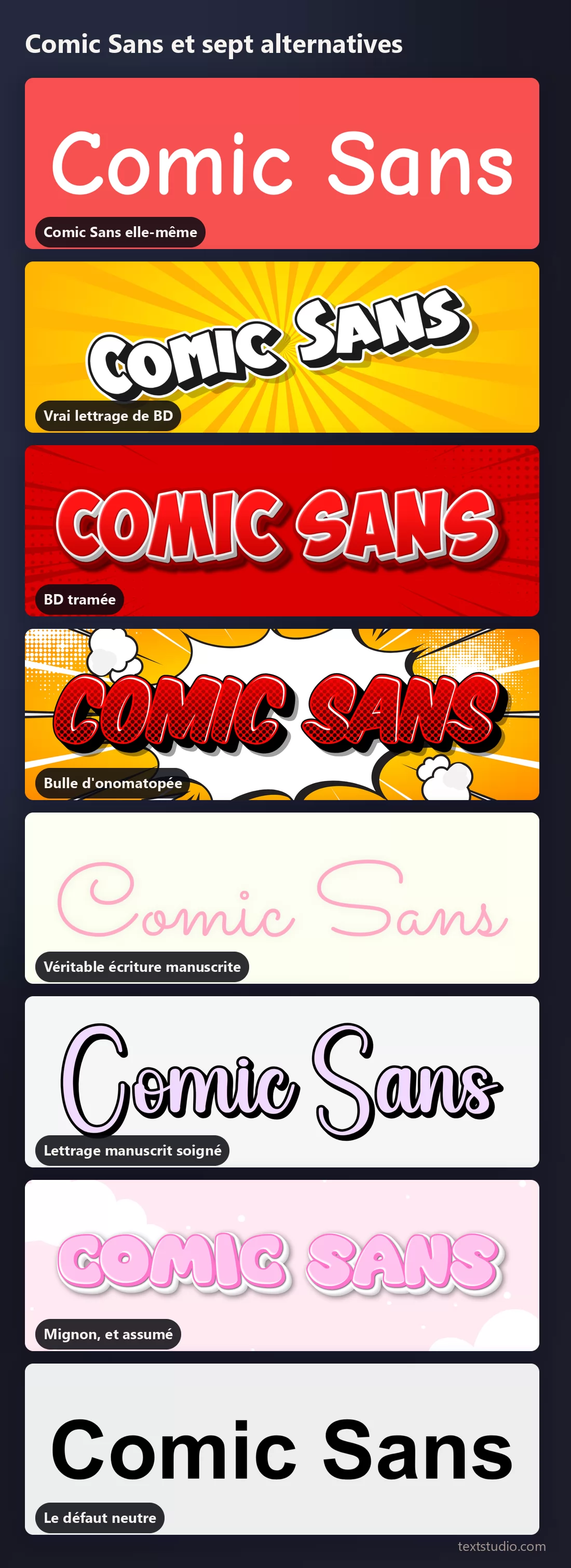 Les mêmes mots dans huit styles de lettrage empilés pour comparaison : Comic Sans, capitales de bande dessinée, trame, bulle d'onomatopée, écriture manuscrite, script dessiné, cartoon mignon et une sans neutre