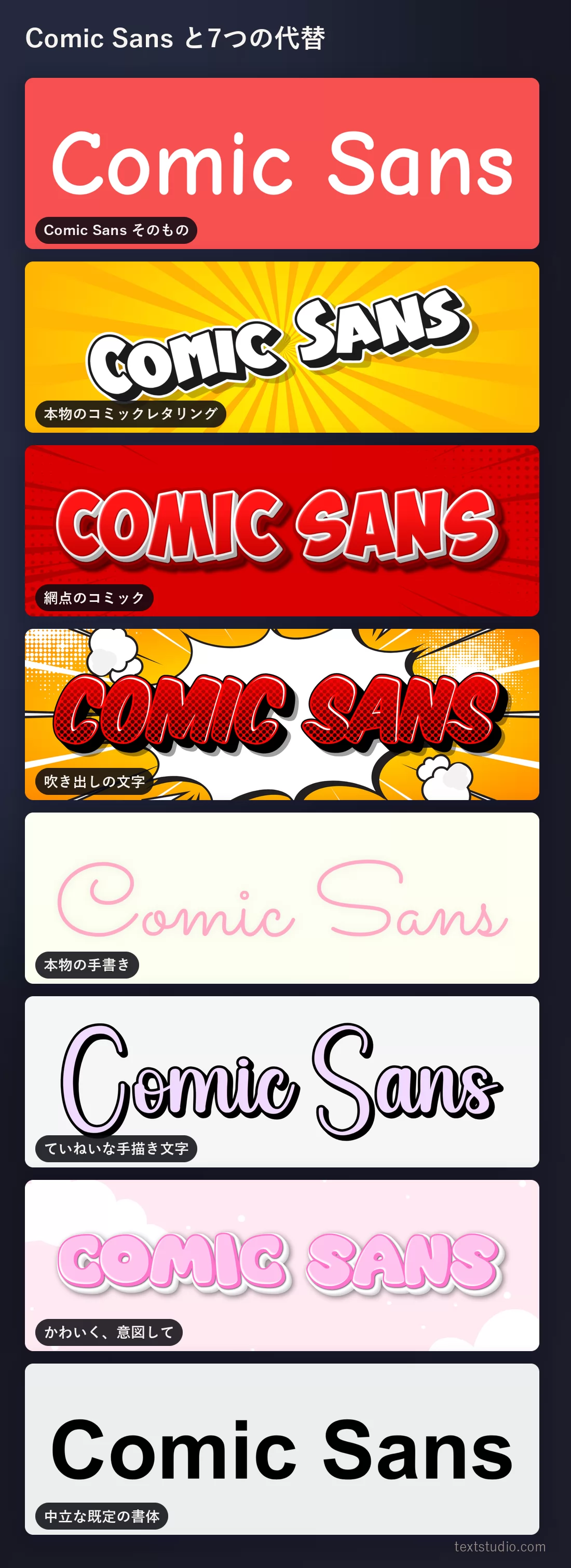 同じ言葉を8種類のレタリングスタイルで縦に並べた比較。Comic Sans、コミック体の大文字、網点、吹き出し、手書き、描き文字、かわいいカートゥーン、そして中立なサンセリフ