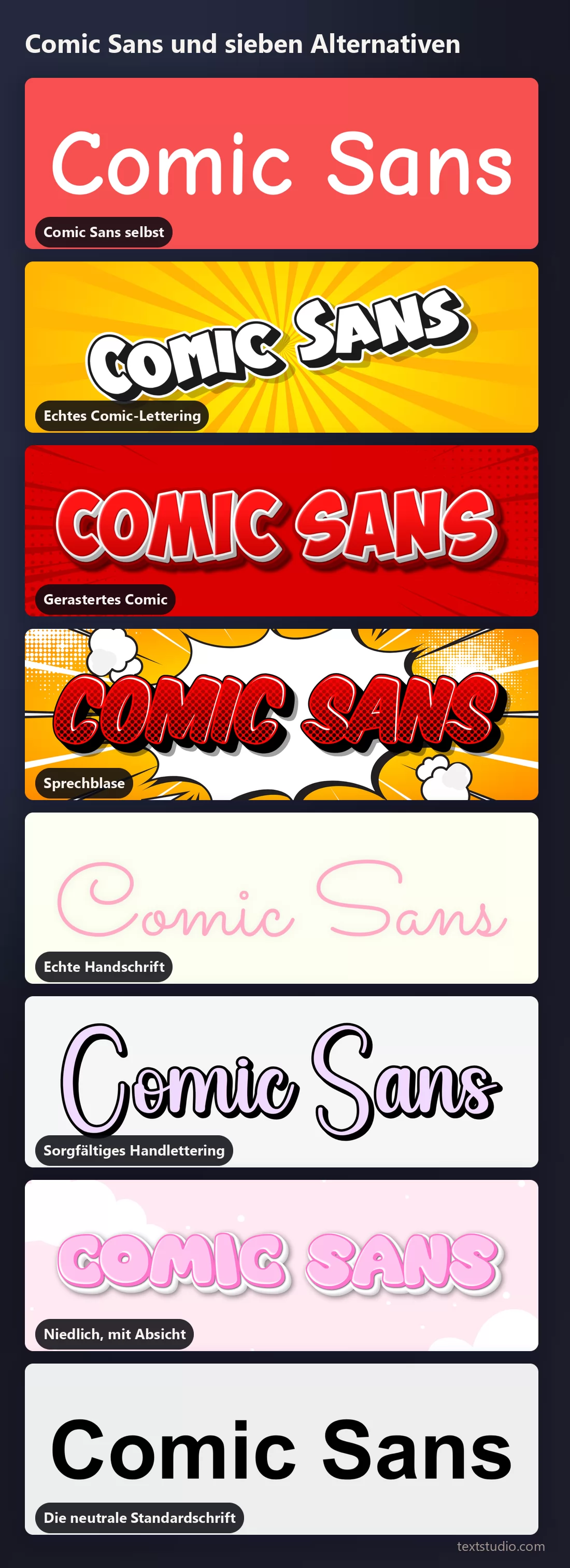 Dieselben Wörter in acht Schriftstilen übereinander zum Vergleich: Comic Sans, Comic-Versalien, Raster, Sprechblase, Handschrift, gezeichnete Schreibschrift, niedlicher Cartoon und eine neutrale Sans