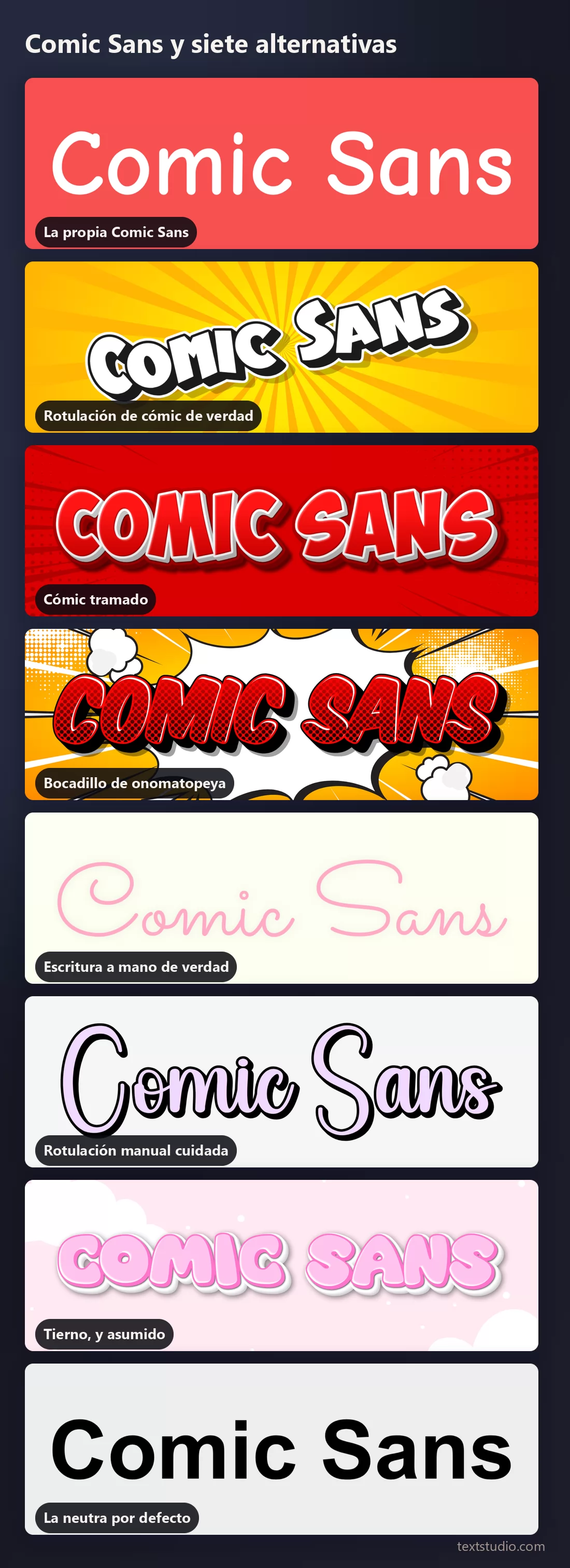 Las mismas palabras en ocho estilos de lettering apilados para comparar: Comic Sans, mayúsculas de cómic, tramado, bocadillo, escritura a mano, letra dibujada, dibujos animados tiernos y una sans neutra