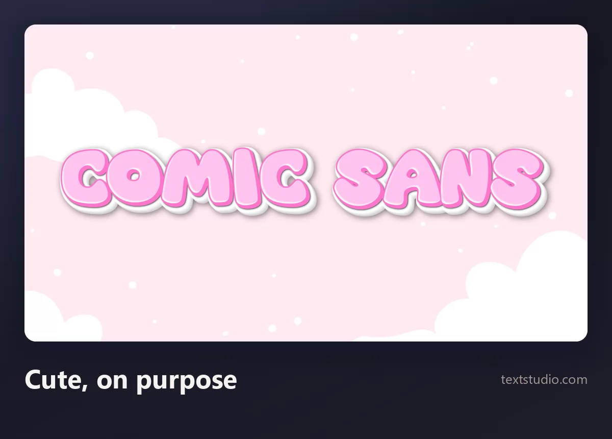 The words Comic Sans in soft pink rounded cartoon letters with a white outline on a pale sky with clouds