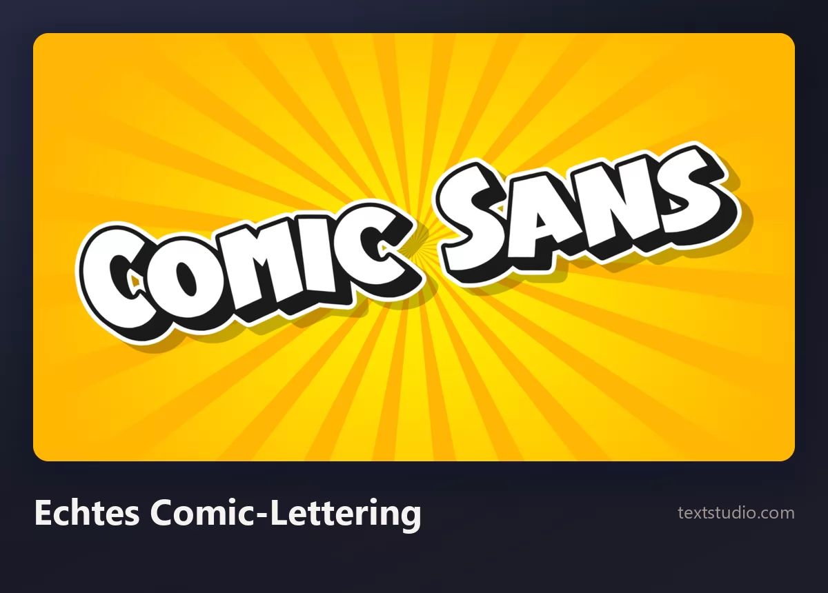 Die Wörter Comic Sans in fetten weißen Comic-Versalien mit dicker schwarzer Kontur und Schatten auf einem gelben Strahlenkranz