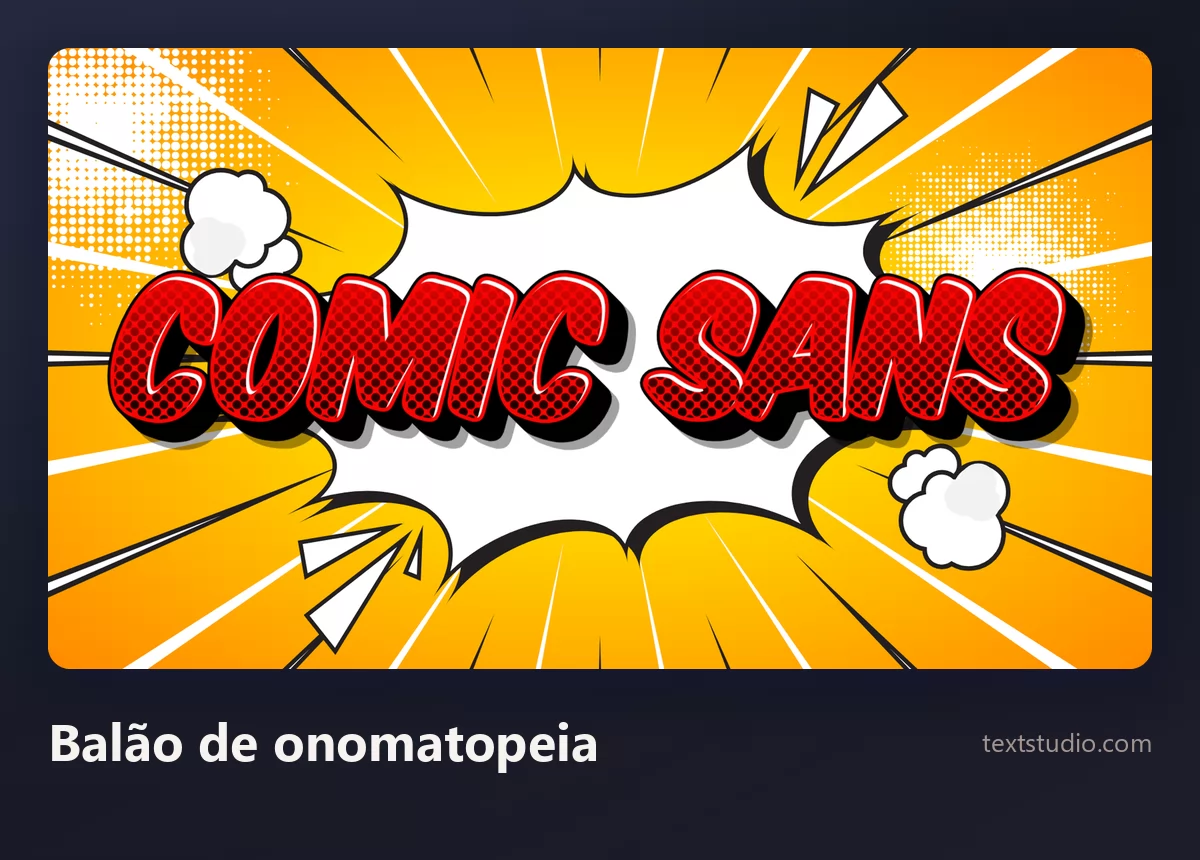 As palavras Comic Sans em maiúsculas vermelhas de quadrinho dentro de um balão branco de pontas recortadas, sobre um fundo de retícula laranja